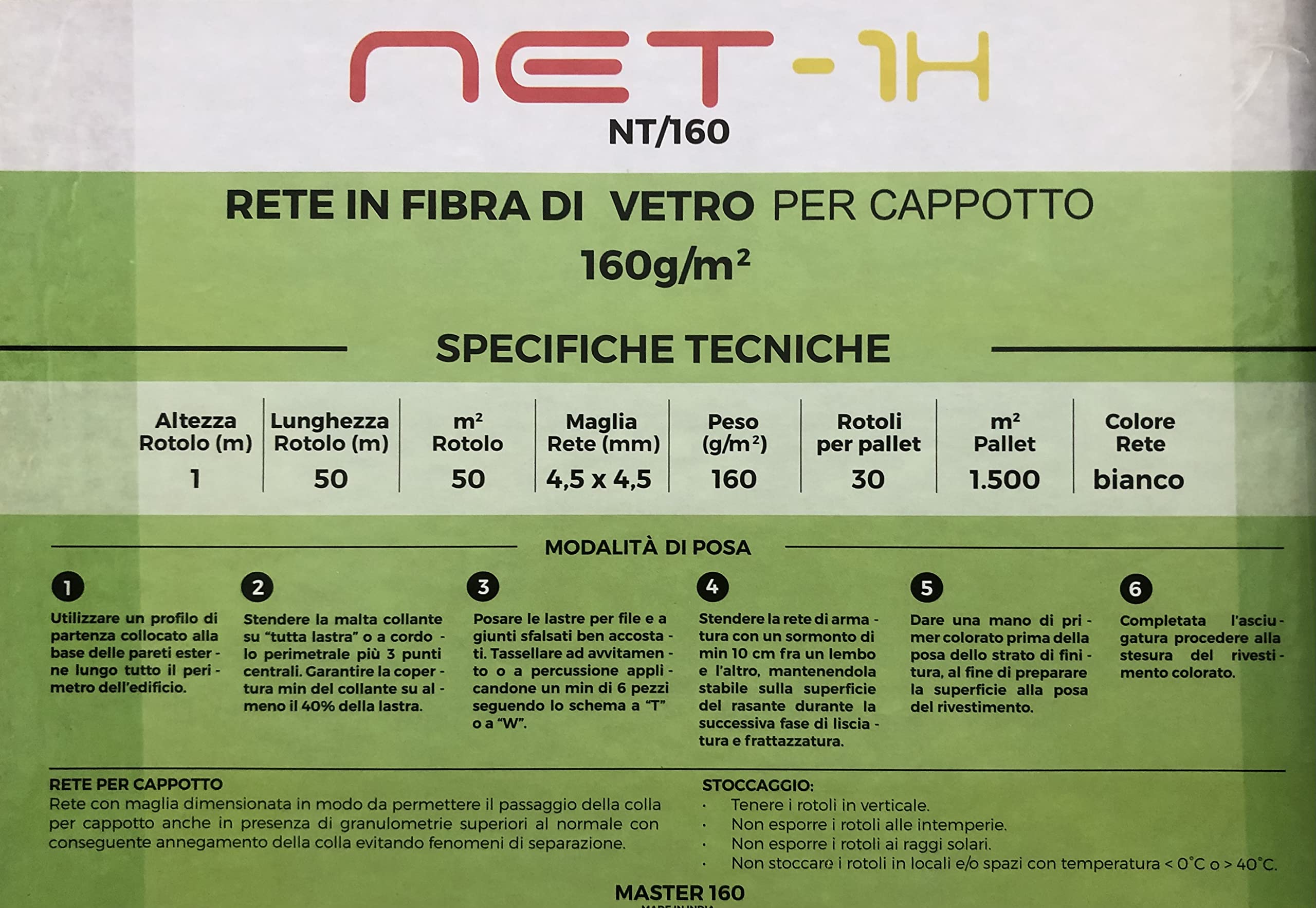 SERVICEWEBSHOP Rete Porta Intonaco in Fibra di Vetro GR. 160 RT, Rotolo da 50 Metri, Colore Bianco, Ideale per Rinforzare Intonaci, Cappotti Esterni e Interni, Isolamento Termico e Rasature