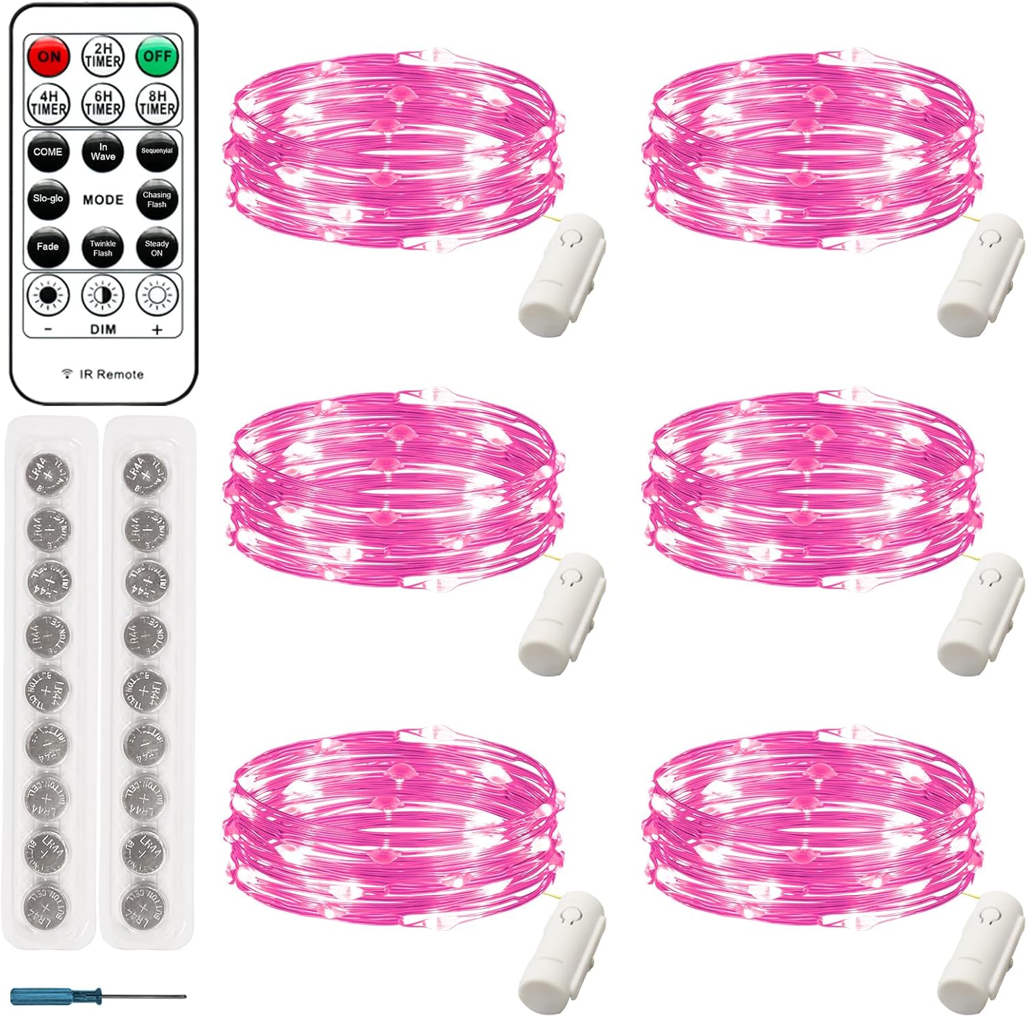 6 Pack Fairy Lights Battery Operated with Remote, 8 Modes 4 Timer Pink 7ft 20 Led Twinkle Lights, Waterproof Mini Firefly Light for Mason Jars Bottle Wedding Table Party