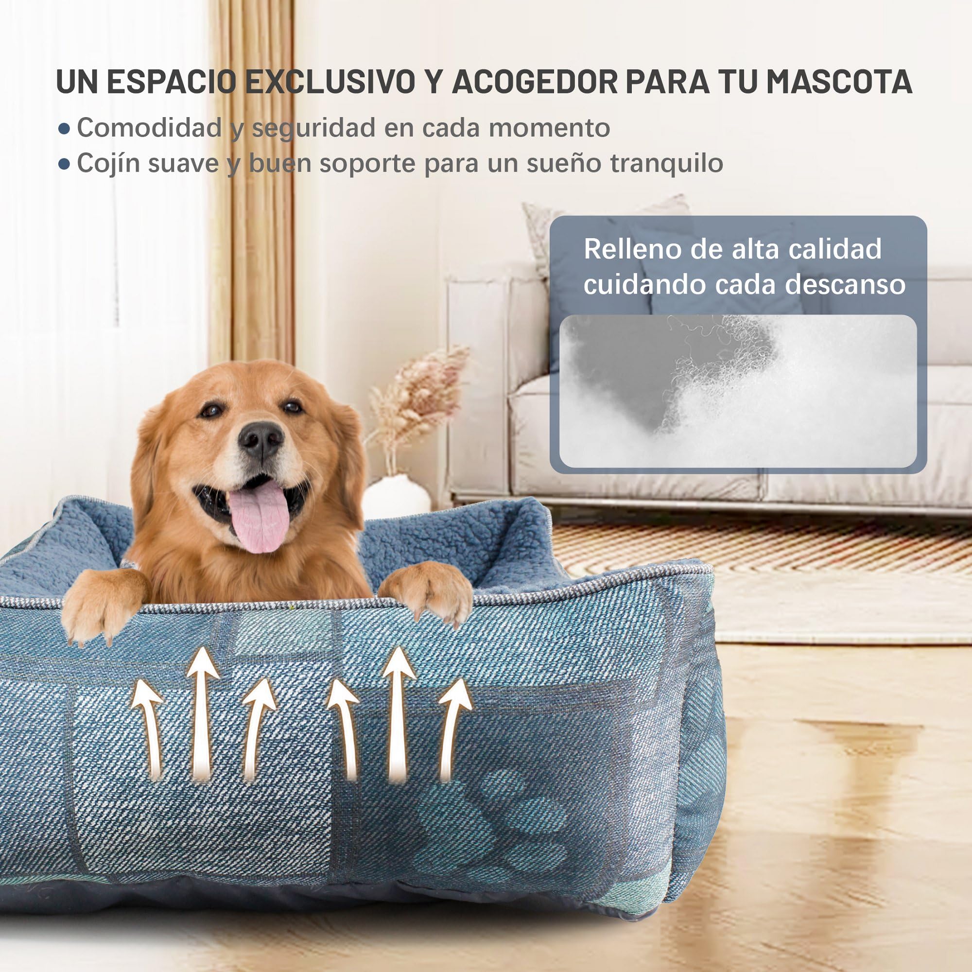Cama para Perros Grande tacto al Lino Grueso y Forro Borrego Suave, Lavable a Máquina con Cojín Extraíble, Antideslizante, Transpirable, relleno de fibra huesca virgen, Cama para mascotas,65x50cm