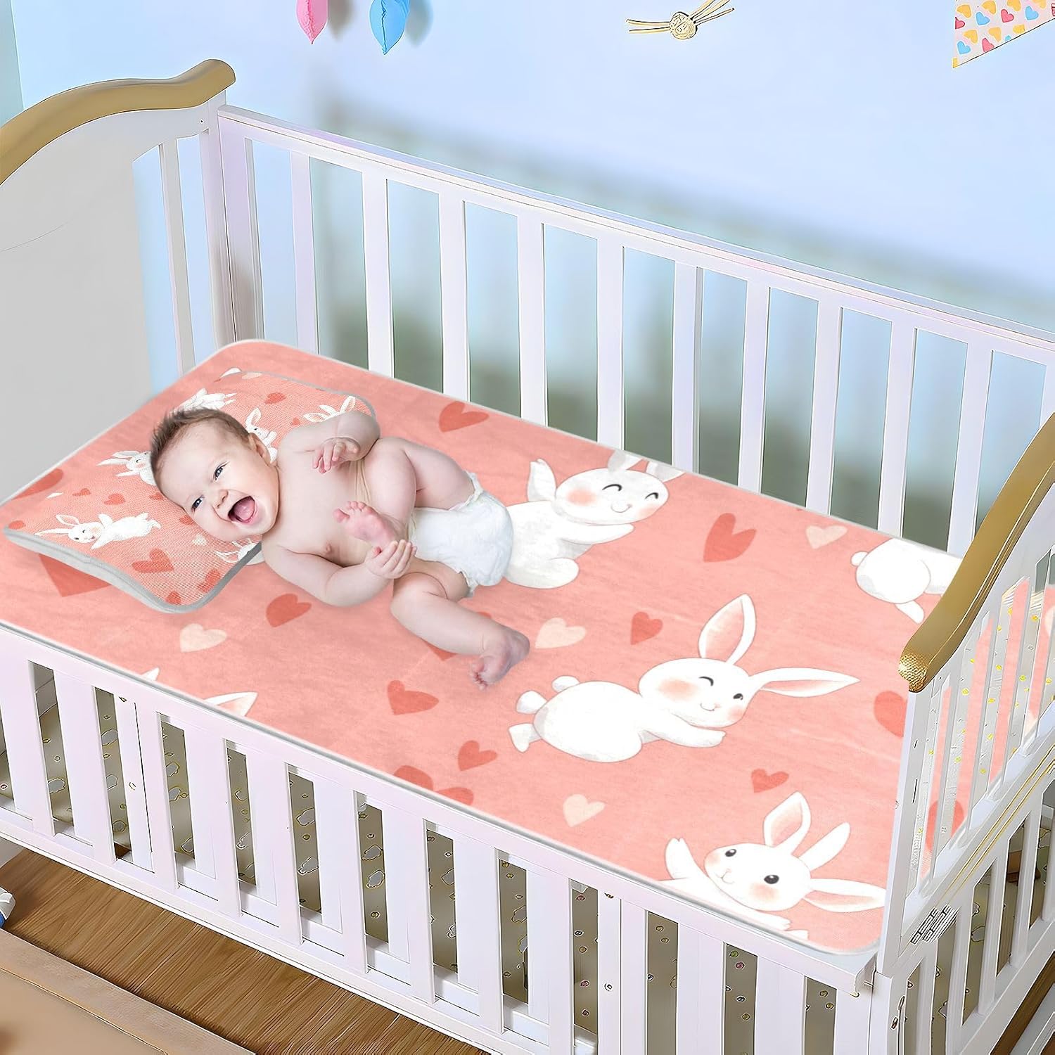 Light Pink Heart - Shaped Cartoon White Rabbits Cooling Baby Waterproof Crib Mattress Protector 28" x 52" Ultra Soft Mattress Protector Pads for Baby&Toddler