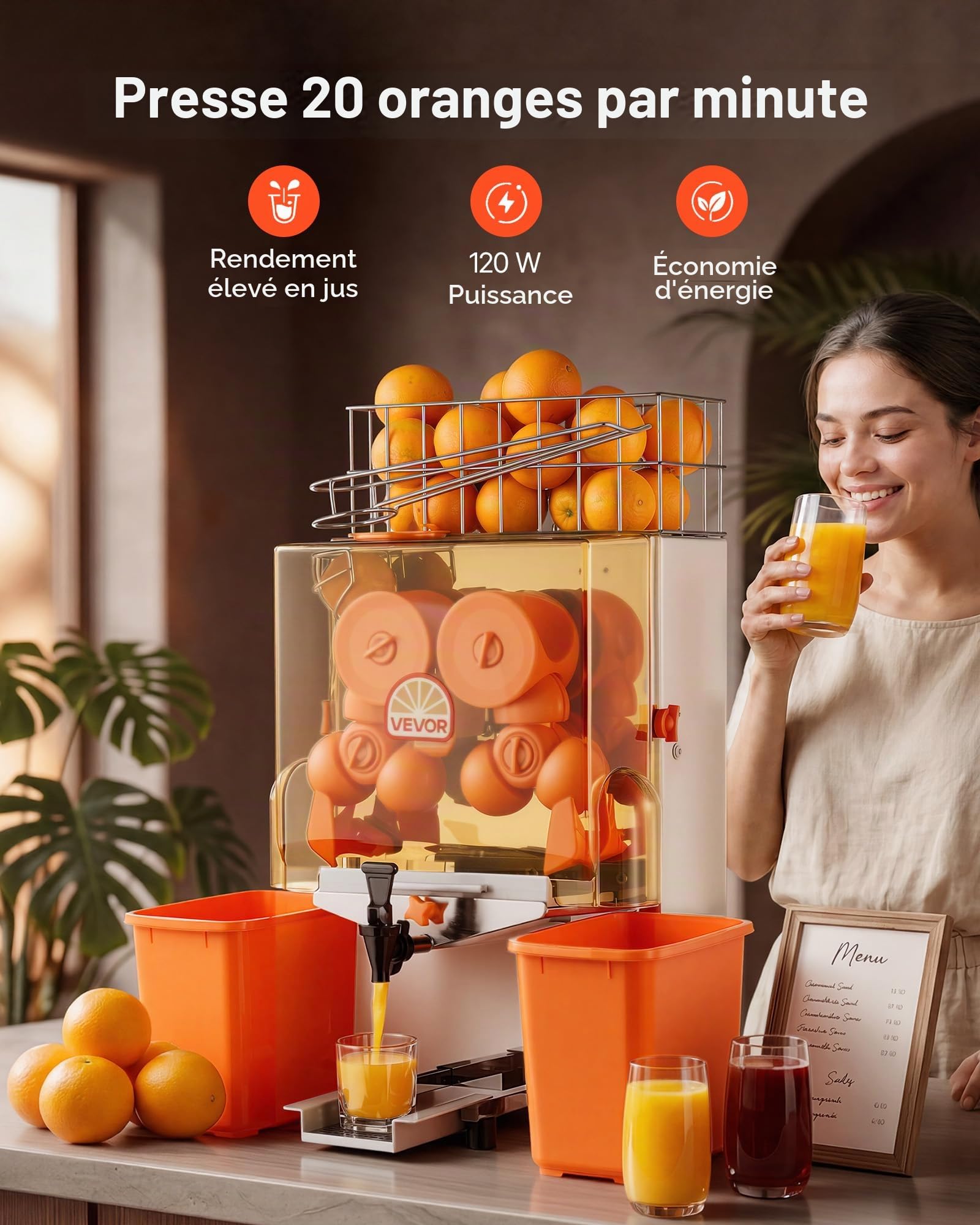 VEVOR Presse Agrumes Pro Extracteur de Jus Électrique 120 W avec Robinet, Pour Bar à Jus Restaurant Supermarché Primeur, Presse Orange Commercial, Rendement Élevé de 20 Oranges/min, Avec Bac à Écorces