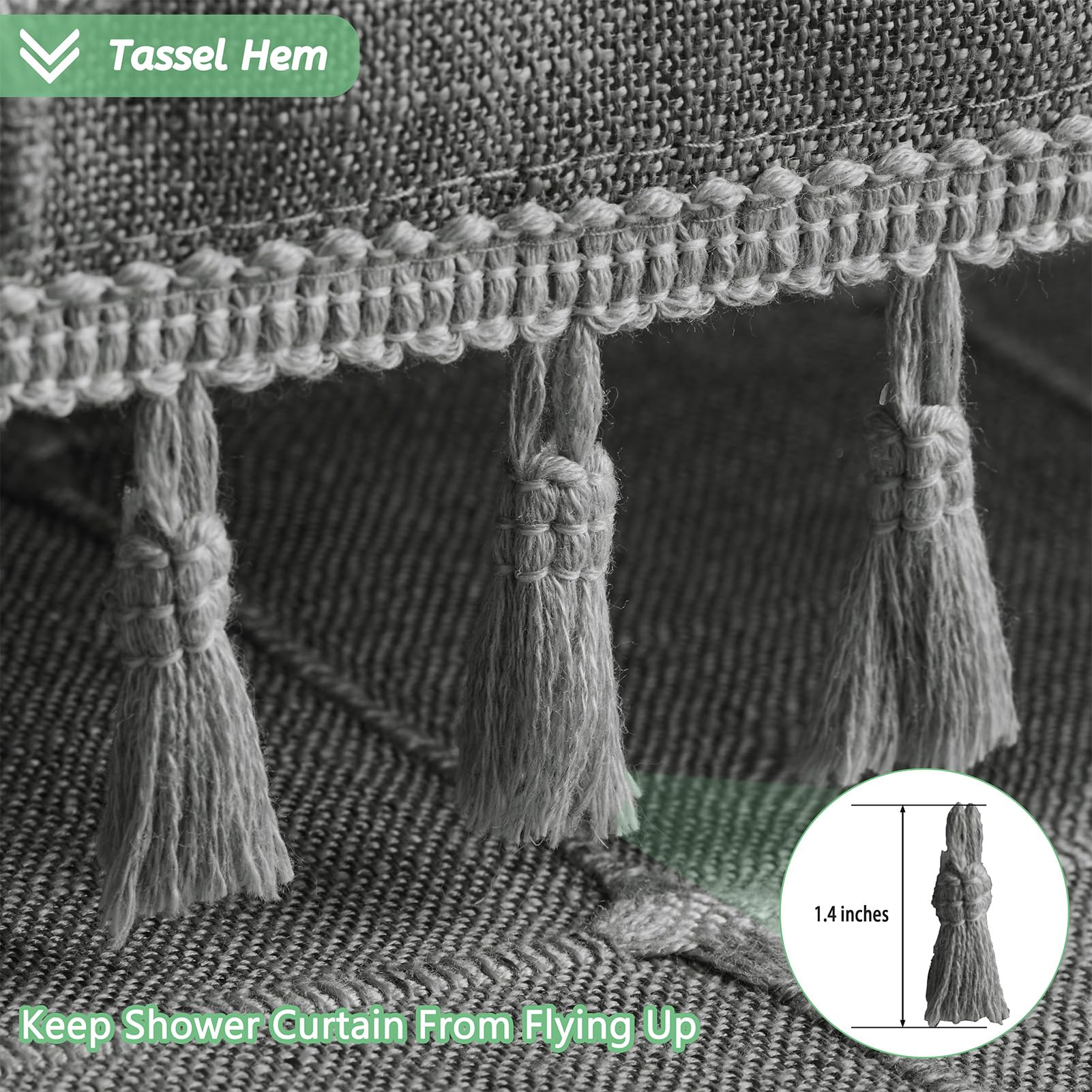 Rideau de douche en tissu robuste texturé en lin de style bohème et moderne avec glands, pour salle de bain, imperméable, 183 x 183 cm, gris anthracite