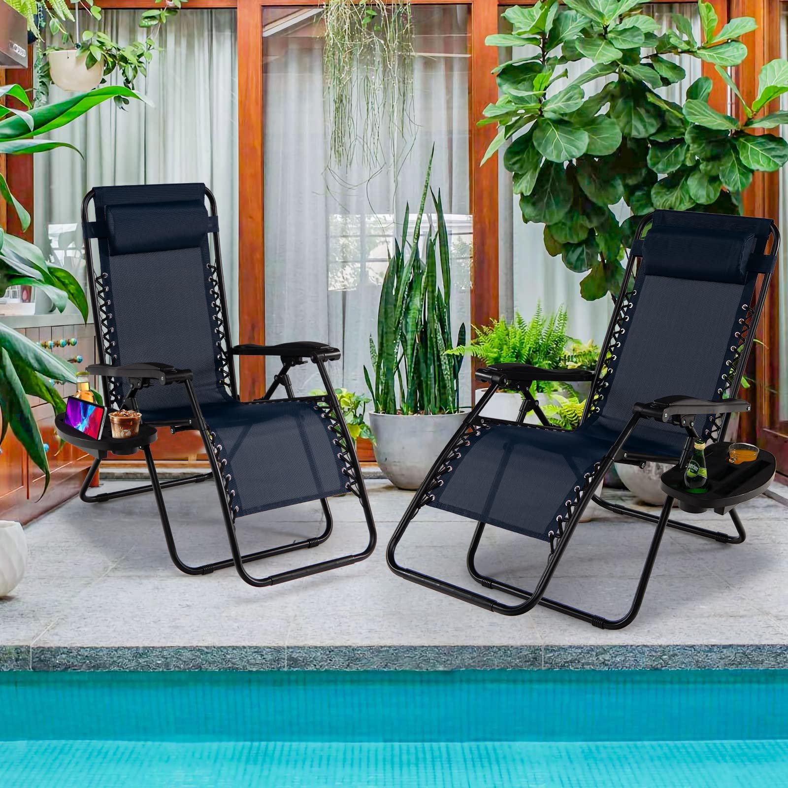 Goplus Zero Gravity Lounge Chairs, 160°Adjustable Folding Recliner w/Pillow and Cup Holder, 350LBS Comfy Outdoor Lounge Chairs for Patio, Lawn, Yard & Camp(Set of 2, Navy) - 2
