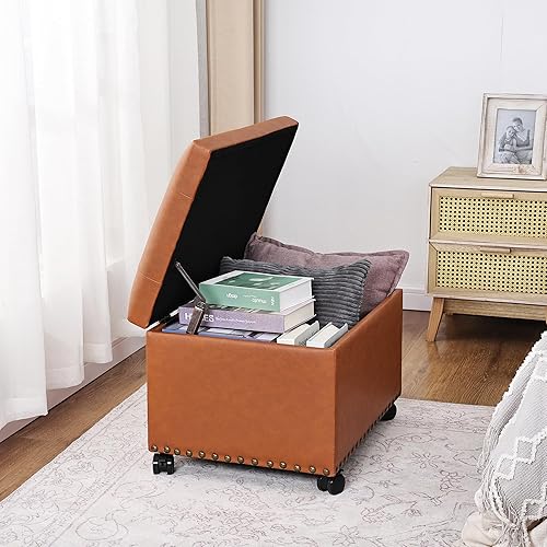 Miniatura 25 de Taburete otomano rectangular de cuero de 24 pulgadas con ribete de cabeza de clavo, cofres de juguetes y organizador de almacenamiento para Negro