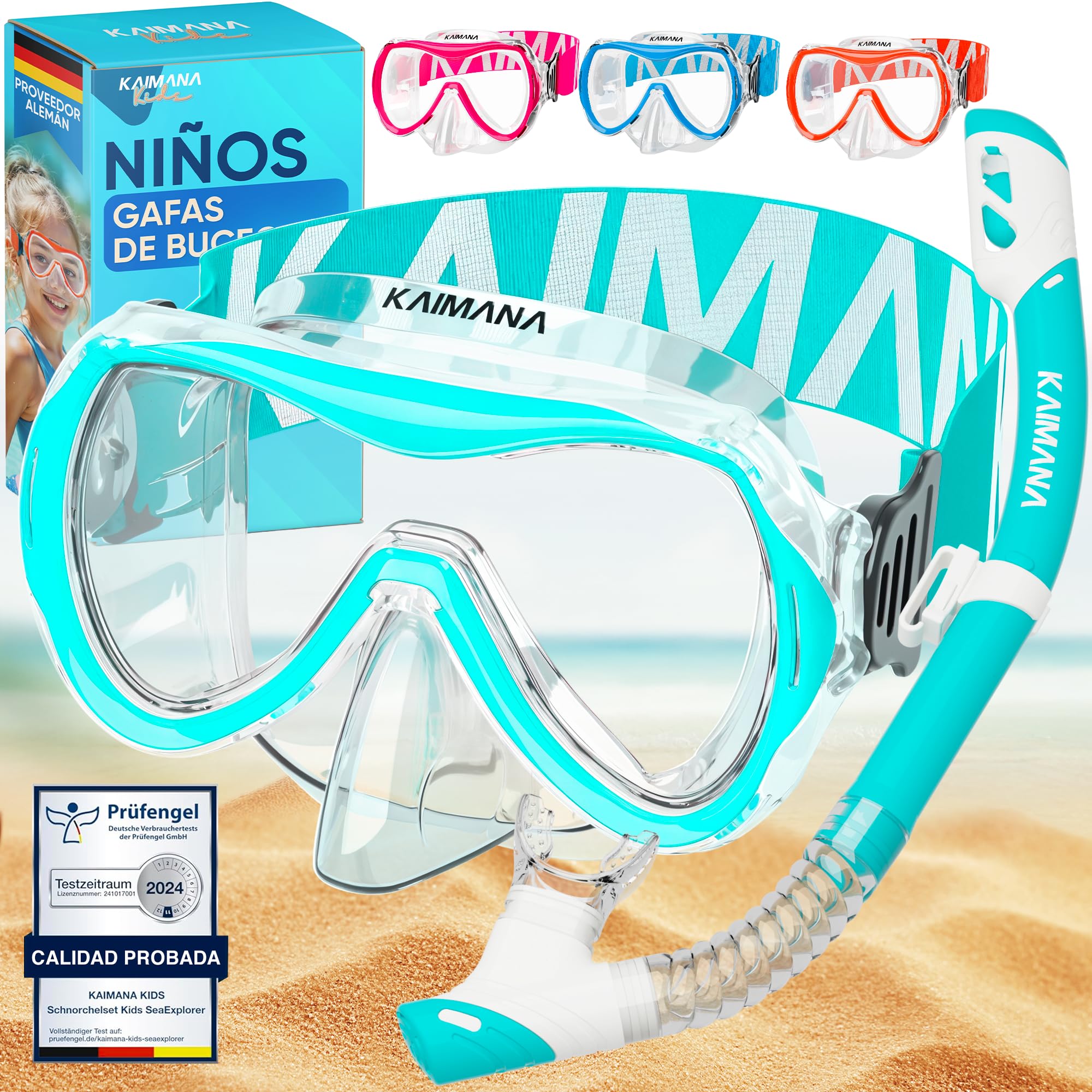 KAIMANA® SeaExplorer Gafas Snorkel Niño y Tubo + Bolsa – Set Snorkel Niño 3-10 Años – Gafas de Buceo con Tubo y Cinta Textil – Gafas de Bucear con Nariz y Máscara Buceo Niño 4 años
