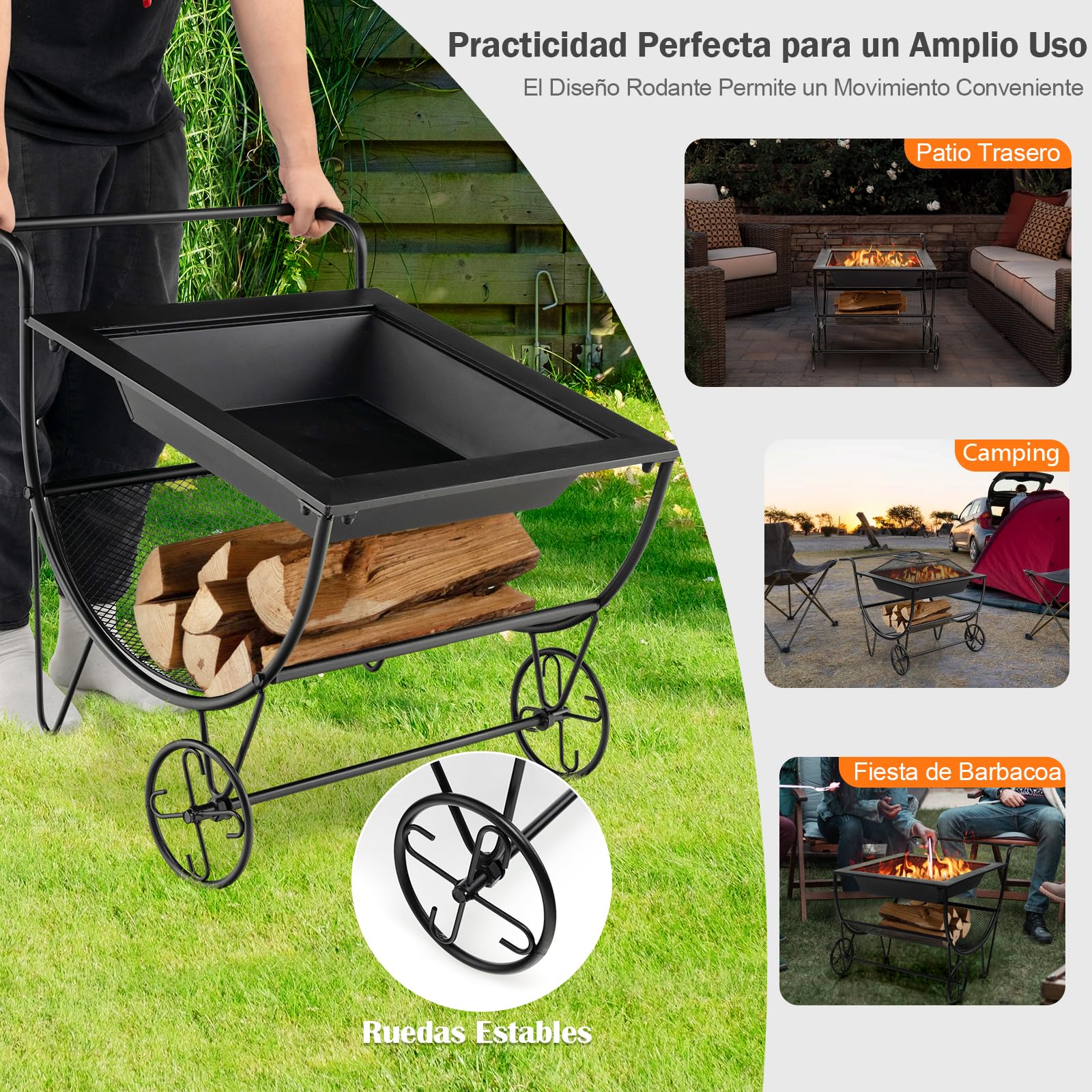 GYMAX Chimenea con Ruedas, Estufa de Leña para Terraza con Estante de Almacenamiento, Bandeja de Fuego, Brasero Exterior Jardin Portátil para Leña para Hogueras, Camping y Picnic, Negro