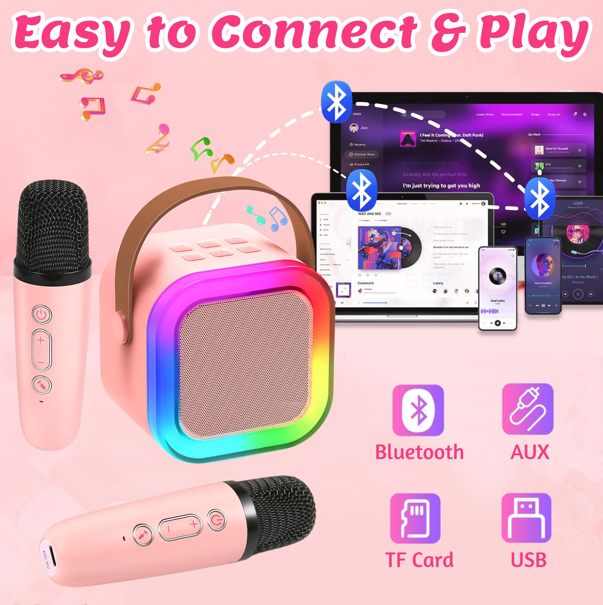 Chennyfun Karaoke Machine 2 mikrofony, Mini Karaoke Machine, przenośny głośnik Bluetooth z efektami zmiany głosu i światłami LED, najlepszy prezent urodzinowy dla dziewczynek i chłopców