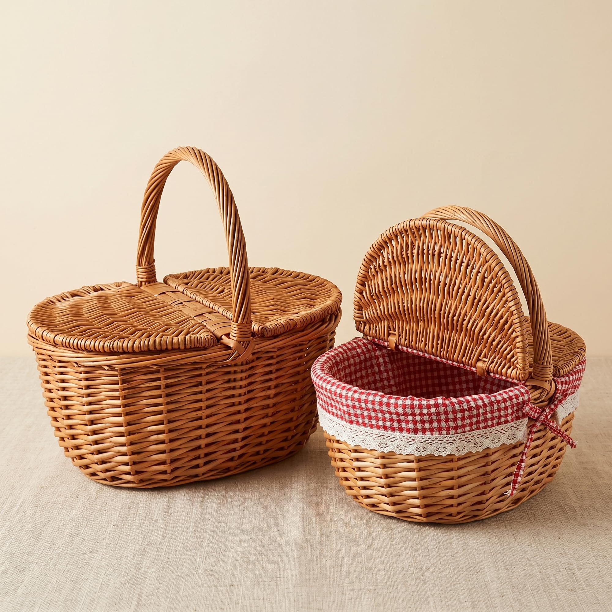 Picknickkorb mit Deckel, großer Weidenkorb mit henkel und Liner,34x23x17cm