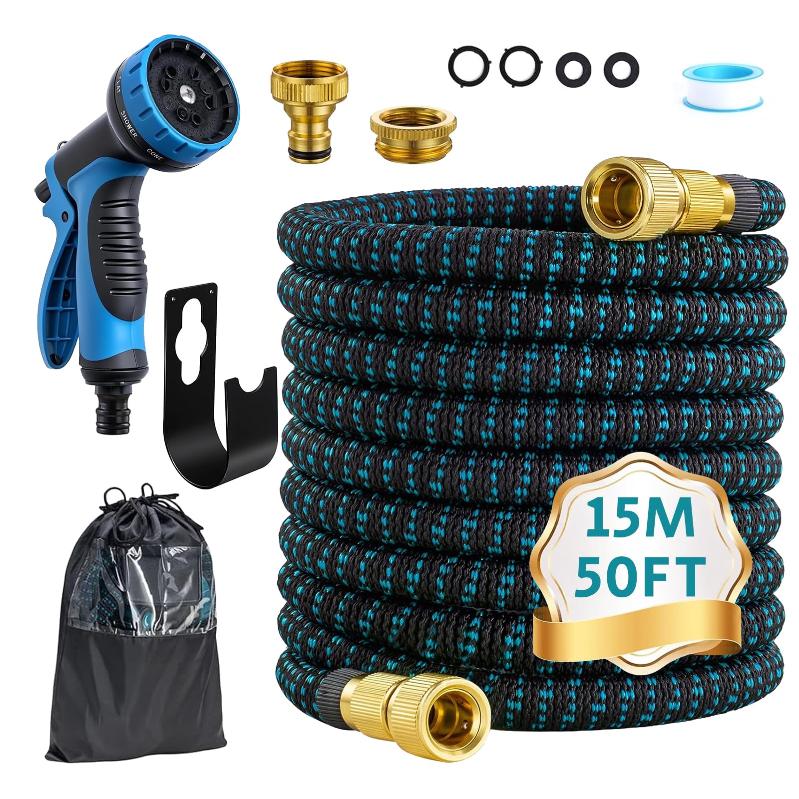 Manguera Jardin 15m, Manguera Jardin Extensible con Pistola de 10 Funciones para Exterior e Interior, Garden-Hose con Conectores de 1/2" y 3/4" para Familiase con Jardín y Huerto
