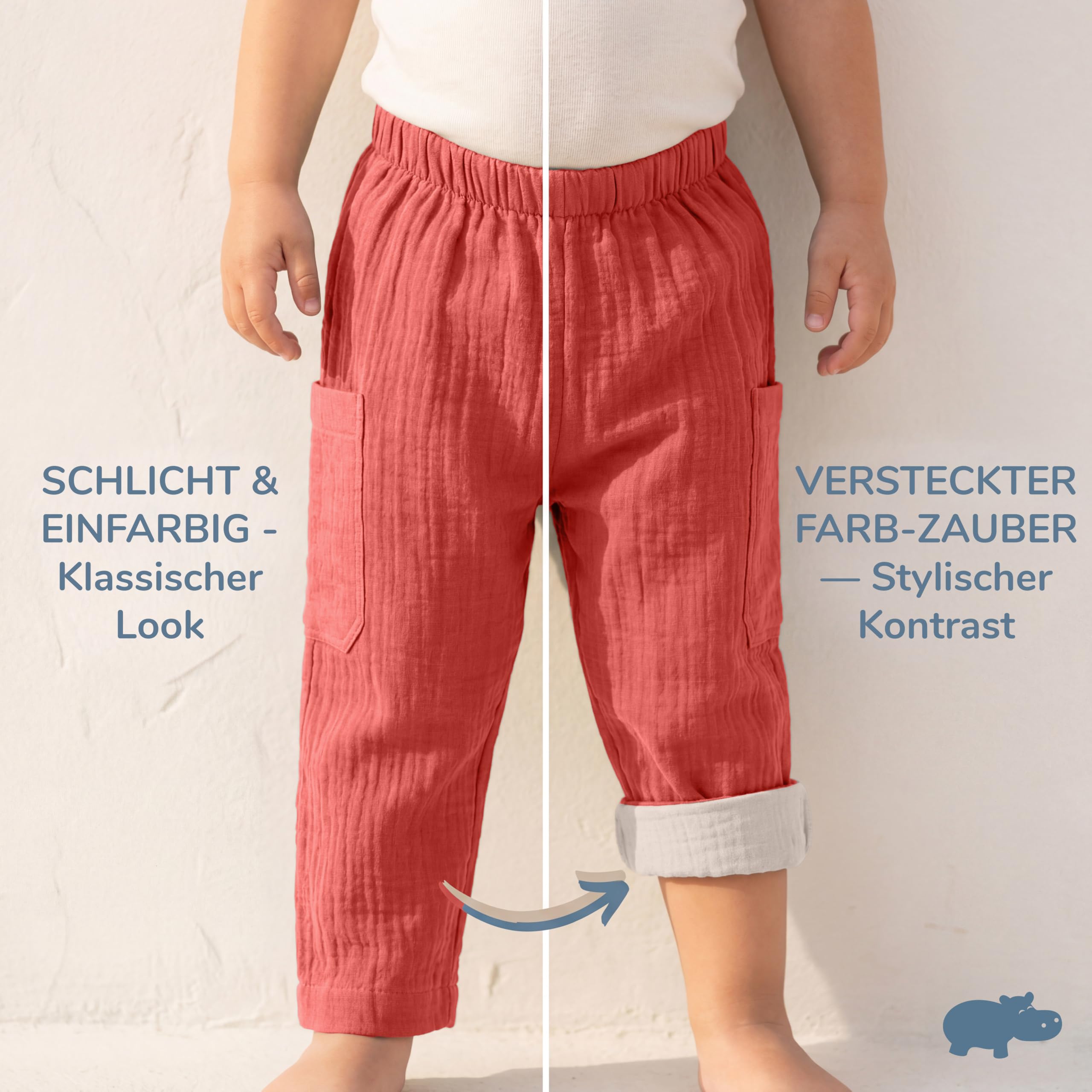 Baby Haremshose aus 100% Bio-Baumwolle (GOTS) – Zweifarbige Musselin Mitwachshose mit Farb-Zauber zum Umschlagen