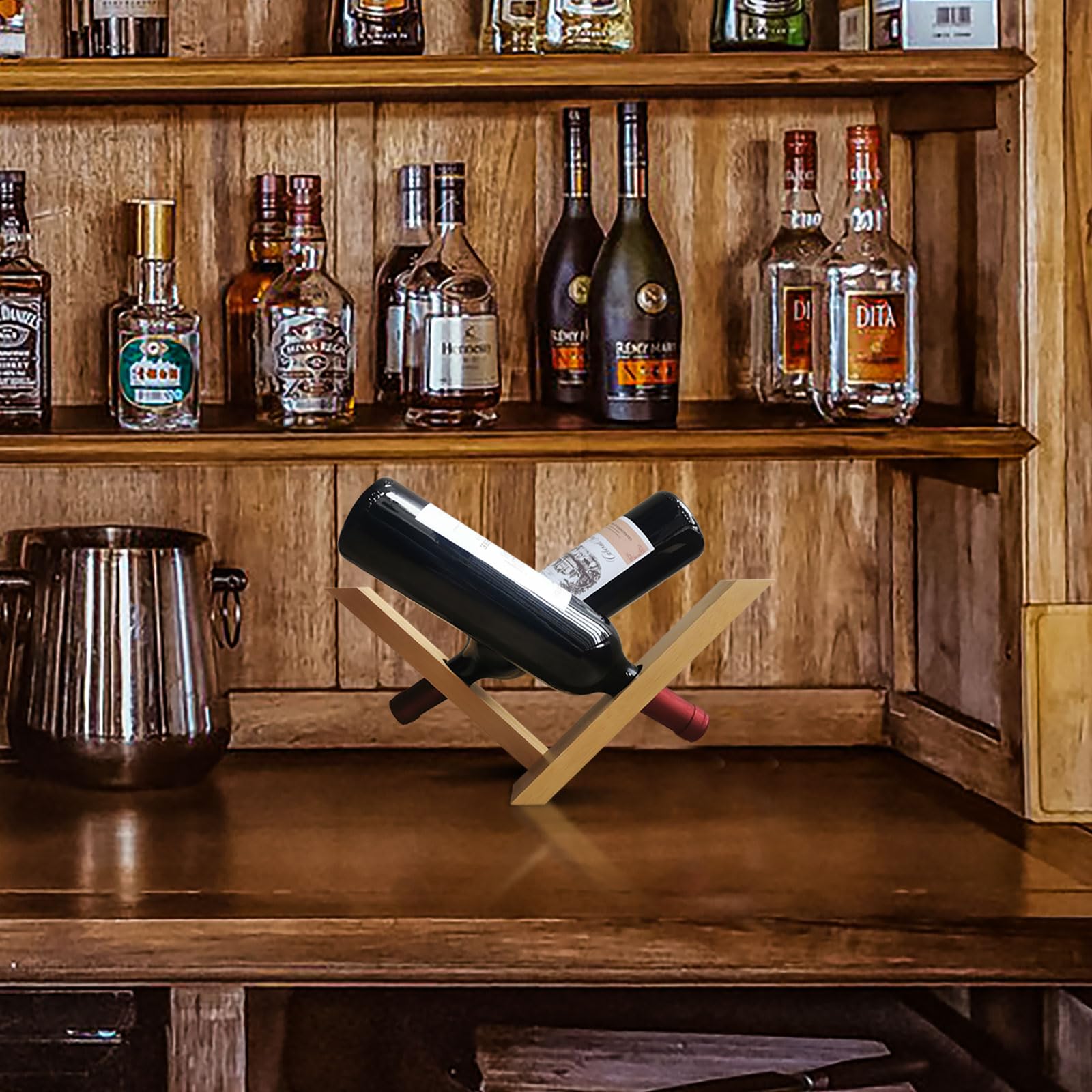 2 soportes para botellas de vino, soporte personalizado para botellas de vino, soporte de exhibición para mesa de vino, estante de vino de bambú autoequilibrado, organizador de soportes de 6