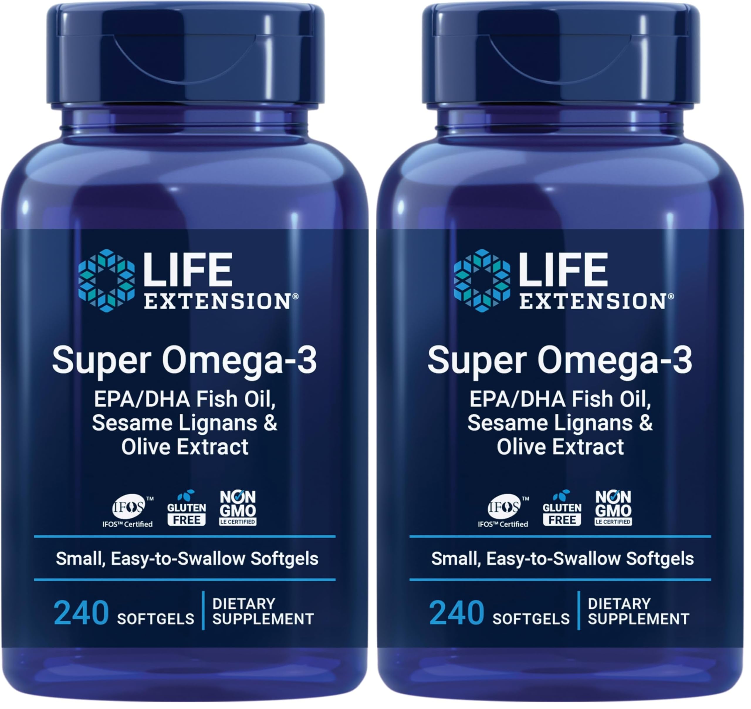 Life Extension Super Omega-3 EPA/DHA Fish Oil, Sesame Lignans & Olive Extract - Omega 3 Supplement - for Heart Health and Brain Support - Gluten Free, Non-GMO - 240 Easy-to-Swallow Softgels