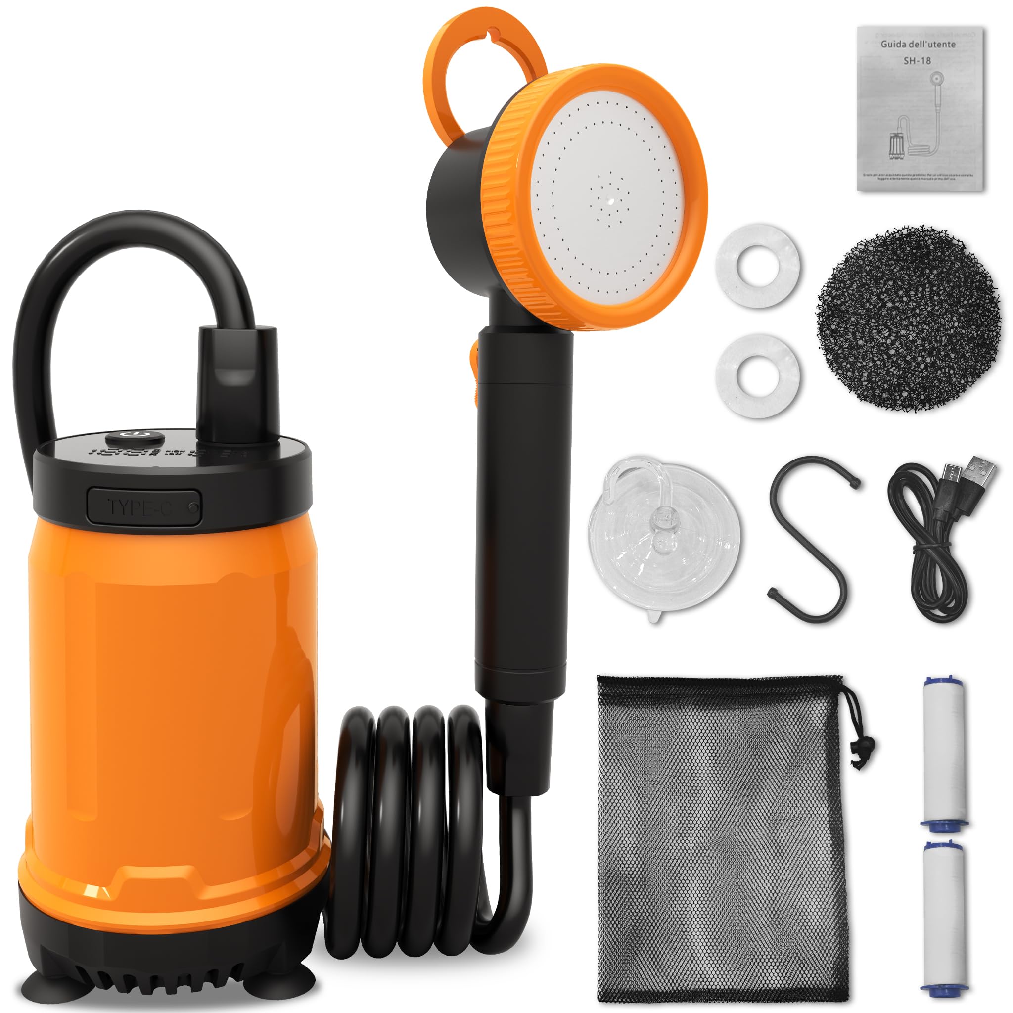Camping Shower, 8000mAh Type-C Rechargeable Portable Shower Camping Shower,Camping Shower with Pump Heat Display, 2 Gear Adjustment, shower pump for Hiking, RV, Traveling, Car Washing, dog shower