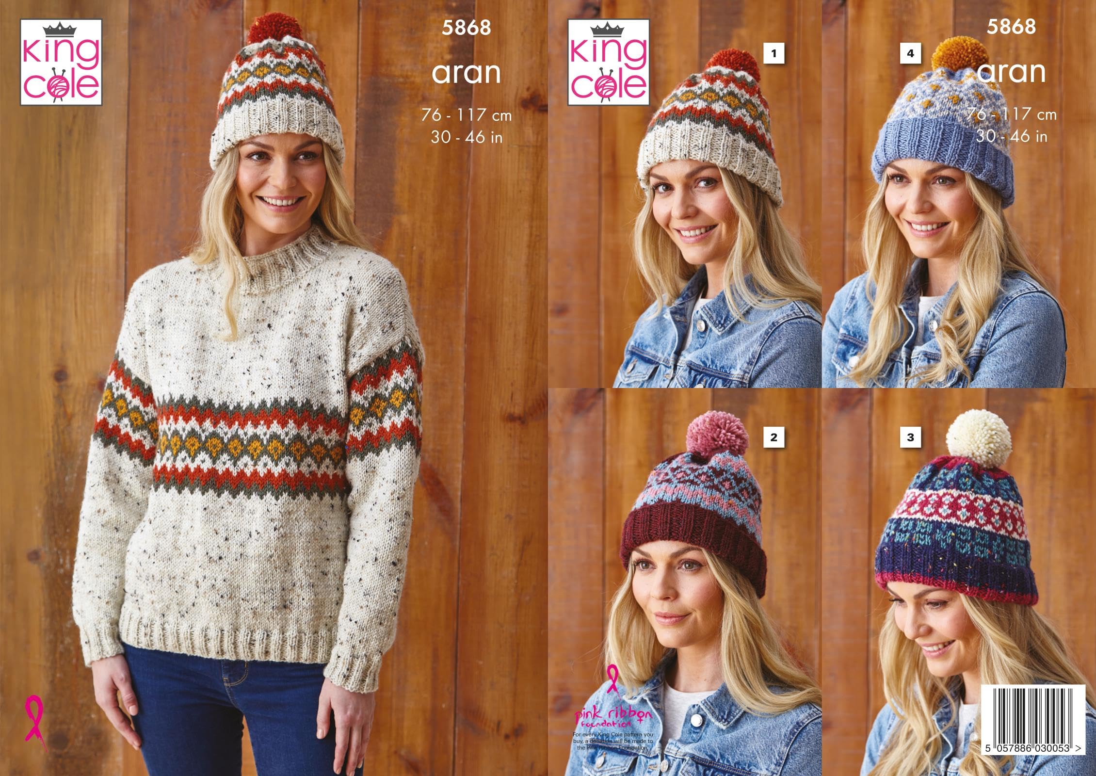 King Cole Ladies Aran Knitting Pattern Womens Sweater & Bobble Hats (5868)