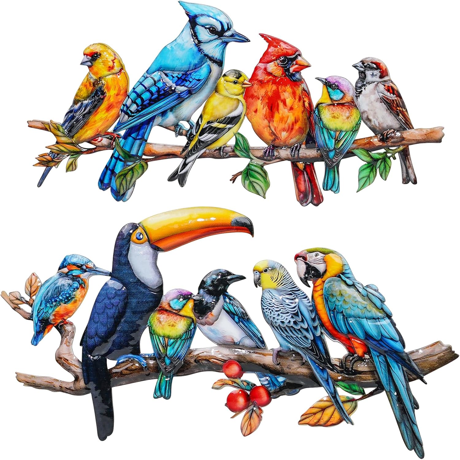 YOADEHOA 2Pcs Metal Bird Outdoor Wall Art Decor, Hummingbird Wall Silhouette Art, Bird on Branch Wall Sculpture Hanging Indoor Outdoor for Yard Garden and Patio (Birds D)