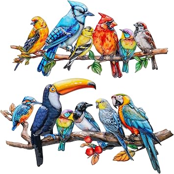 YOADEHOA 2Pcs Metal Bird Outdoor Wall Art Decor, Hummingbird Wall Silhouette Art, Bird on Branch Wall Sculpture Hanging Indoor Outdoor for Yard Garden and PatioBirds D
