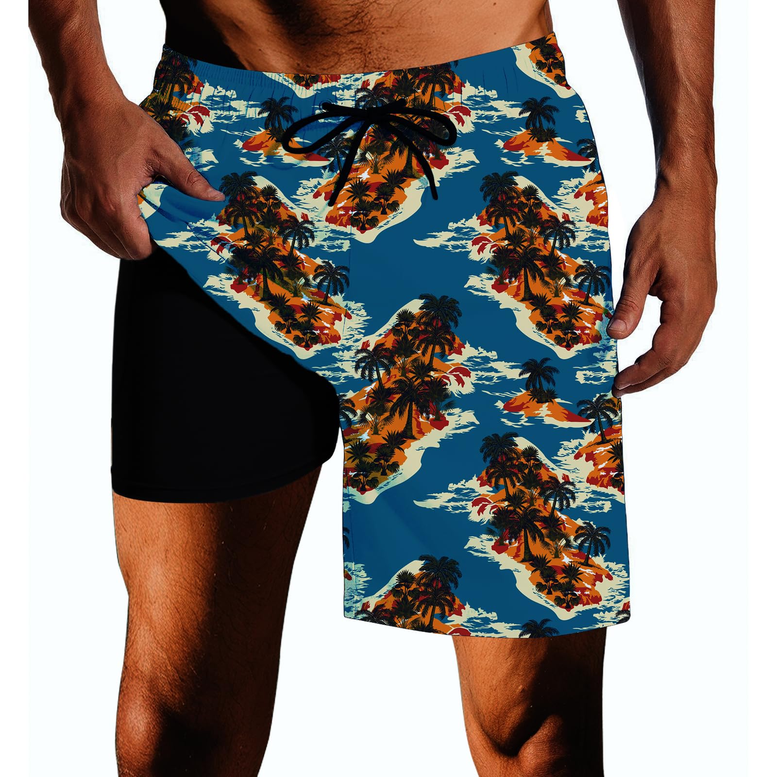 Mens Swim Trunks with Compression Liner Quick Dry Zipper Pocket Bathing