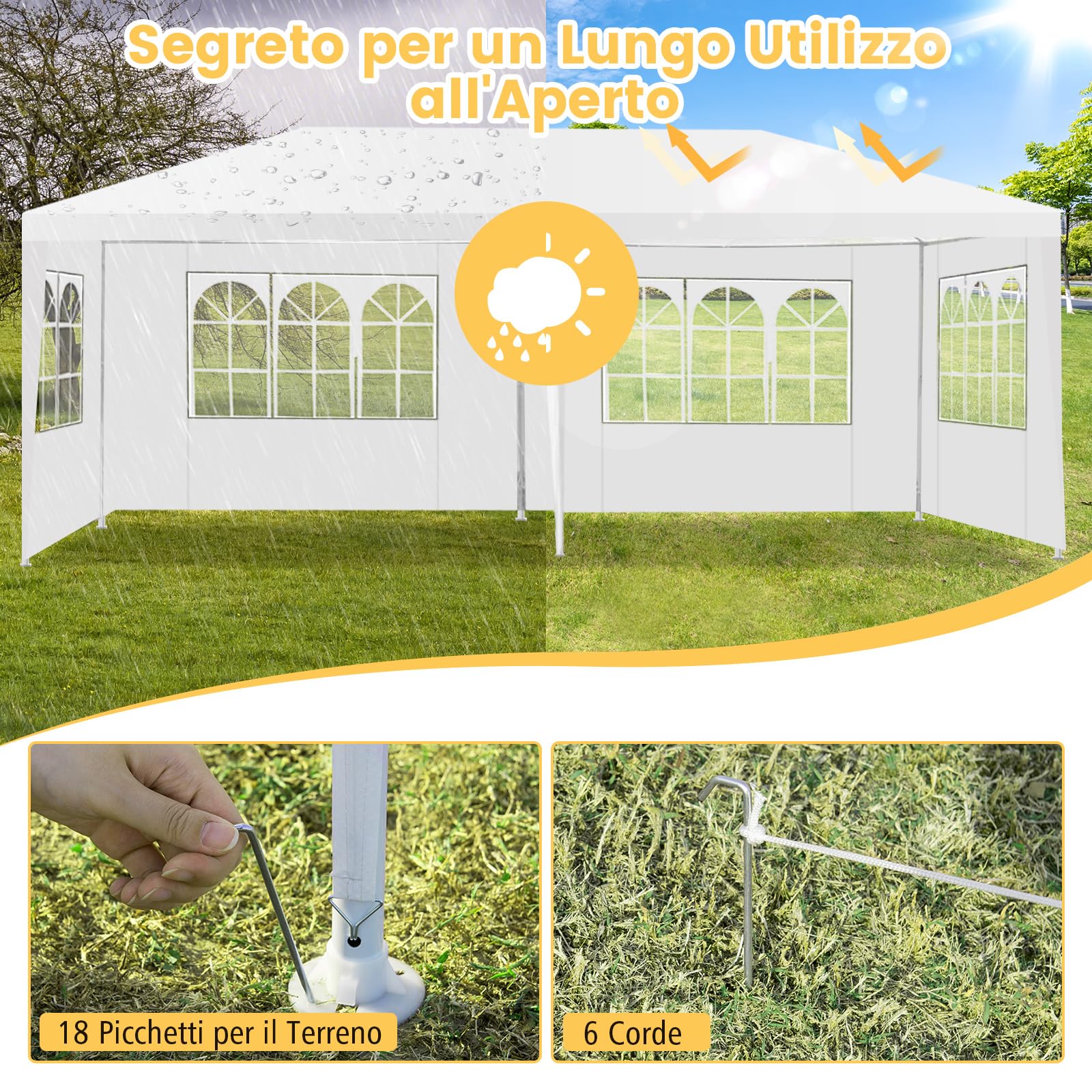 COSTWAY Gazebo da Giardino 3 x 6 m, Tendone per Feste con 4 Tende Laterali Rimovibili e 2 Porte con Cerniera, Con Borsa di Trasporto, Impermeabile Protezione UV