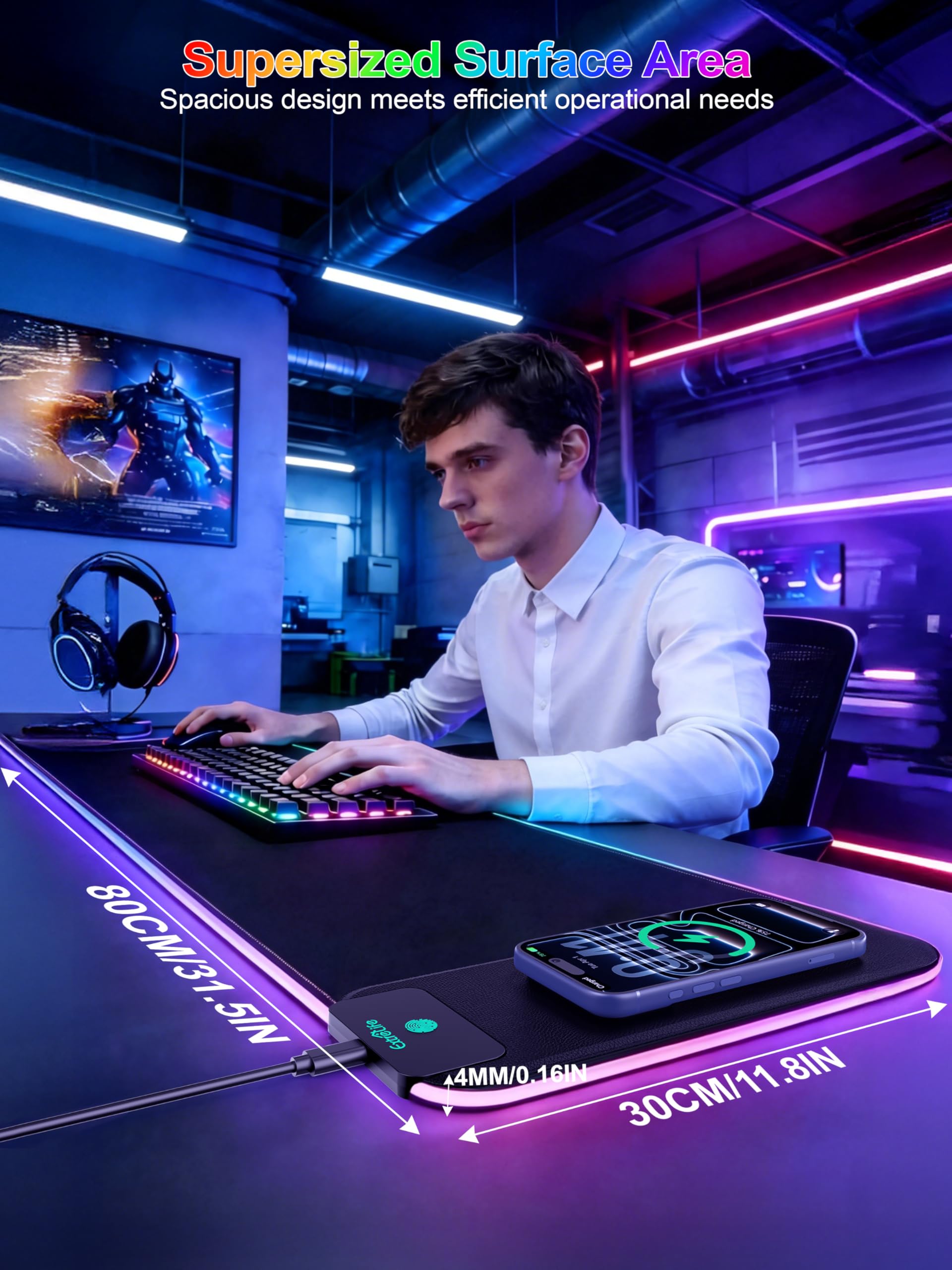 Tappetino per mouse con ricarica wireless da 15 W, tappetino per mouse da gioco RGB, tappetino da scrivania XXL da 80 x 30 cm, 16 modalità di illuminazione, tappetino per tastiera con base in gomma