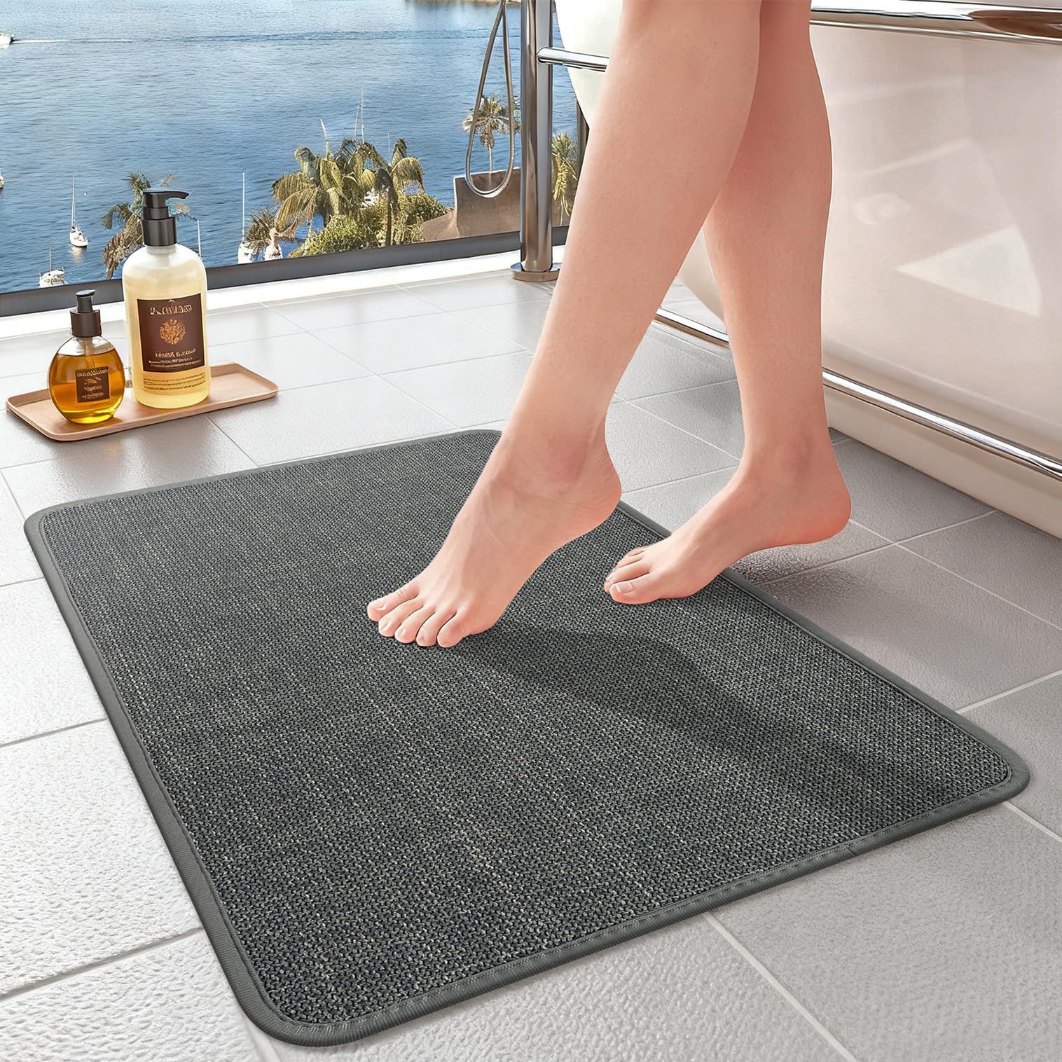 SOLIC Bath Mat,Super Absorbent Non Slip Thin Bath Mat, Quick Dry Rubber Bath Mats,Braided Absorbent Bathroom Mat,Cozy Cloth Bathroom Mat fit Under Door Bathroom Bathtub (Dark Grey, 40x60cm)