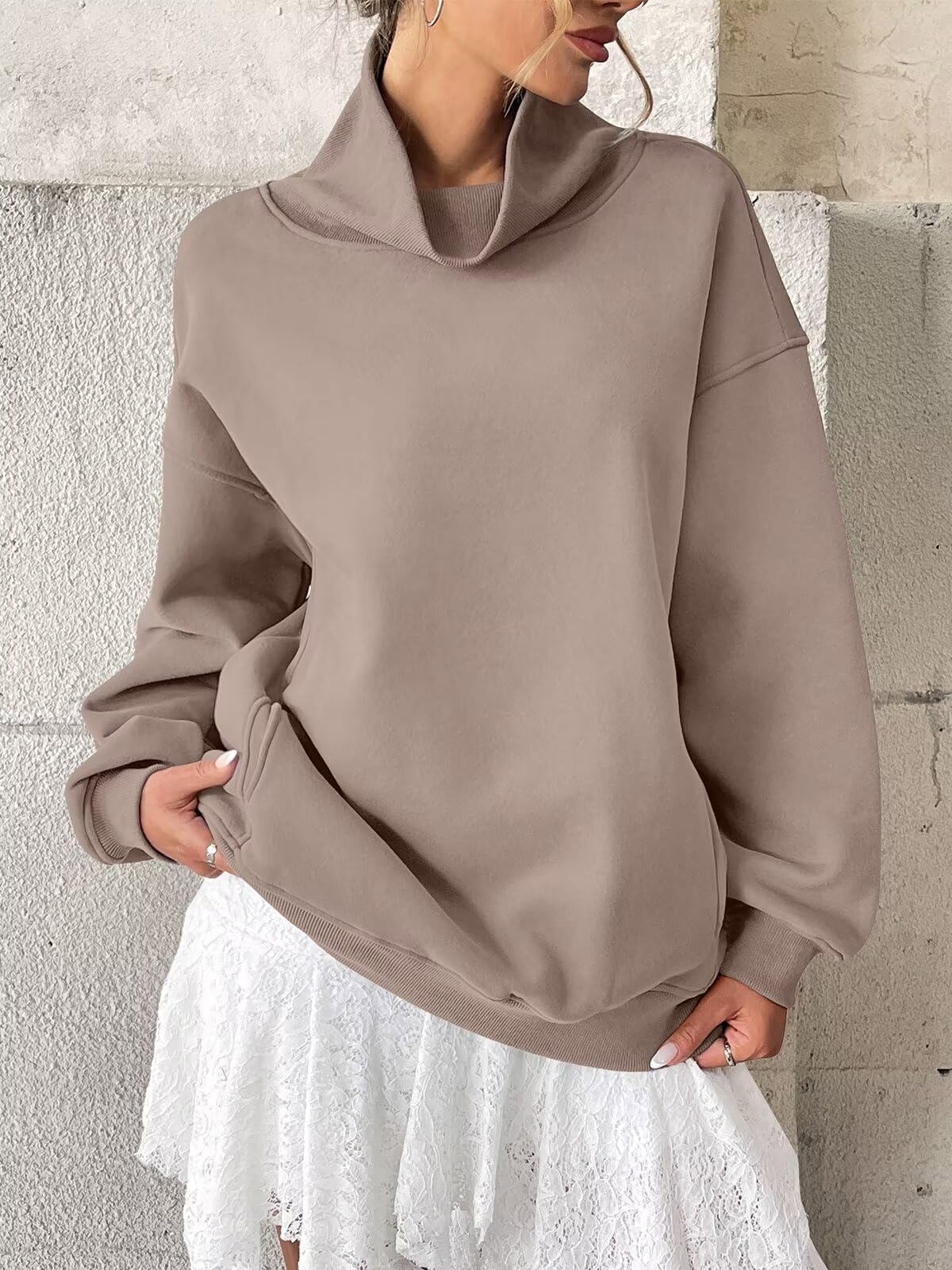 Tomwell Damen Fleece Sweatshirts mit Taschen Oversized Rollkragenpullover