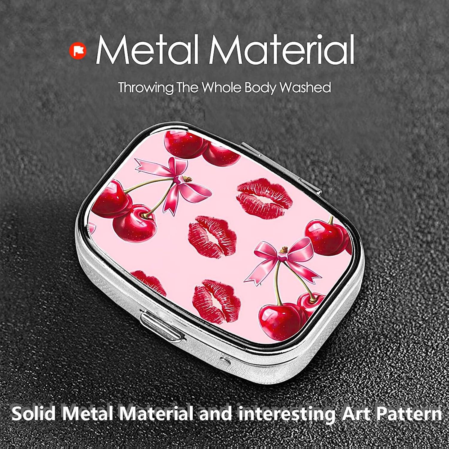 ABLESKY Pill Box, 2 Compartment Pill Organizer Case for Pocket or Purse, Small Portable Metal Travel Medicine Box with Mirror, Daily Vitamins Fish Oil Container-Cherry Pink Bow with Red Lips