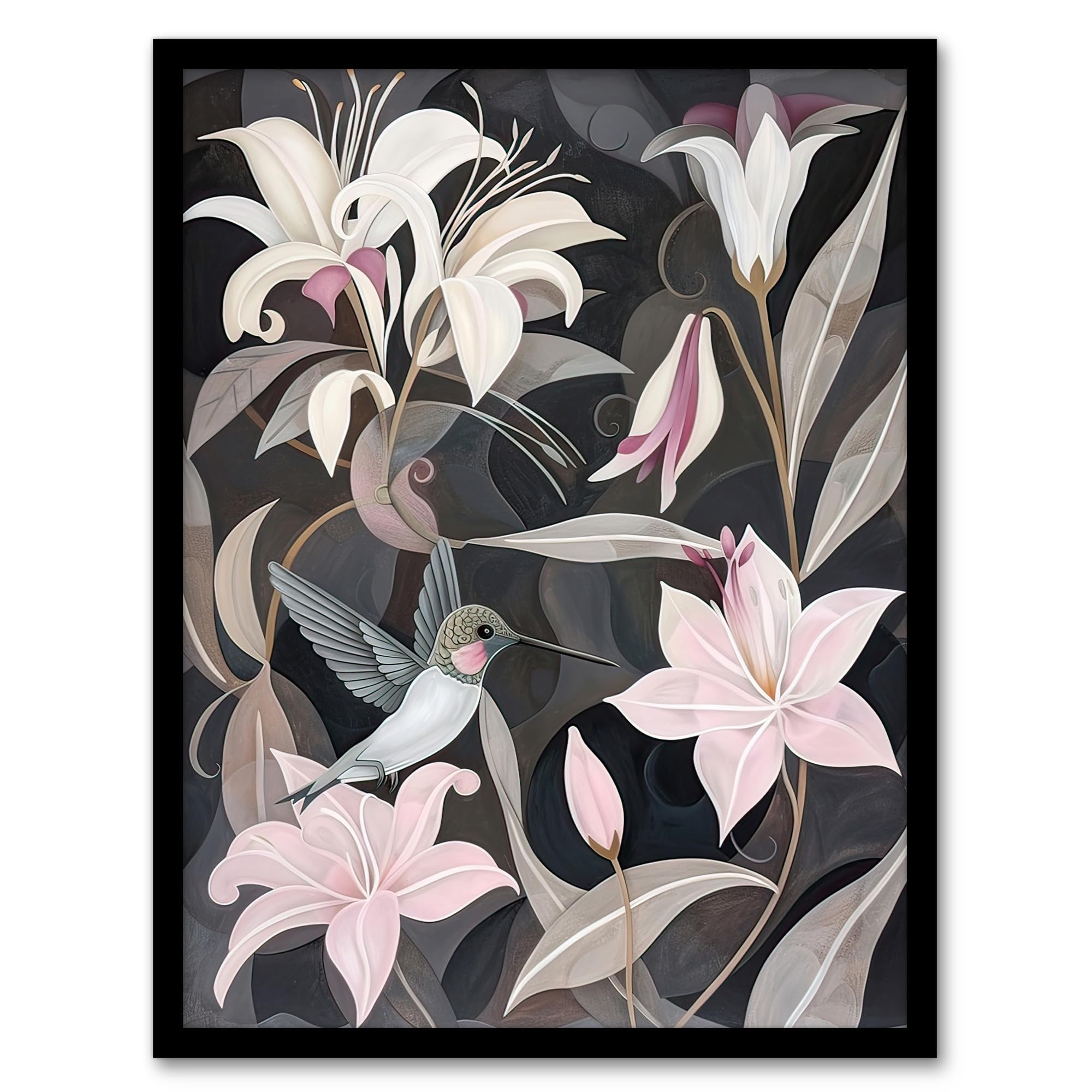 Artery8 Lily Flowers and Hummingbird Stylised Painting Living Room Artwork Framed Wall Art Print A4