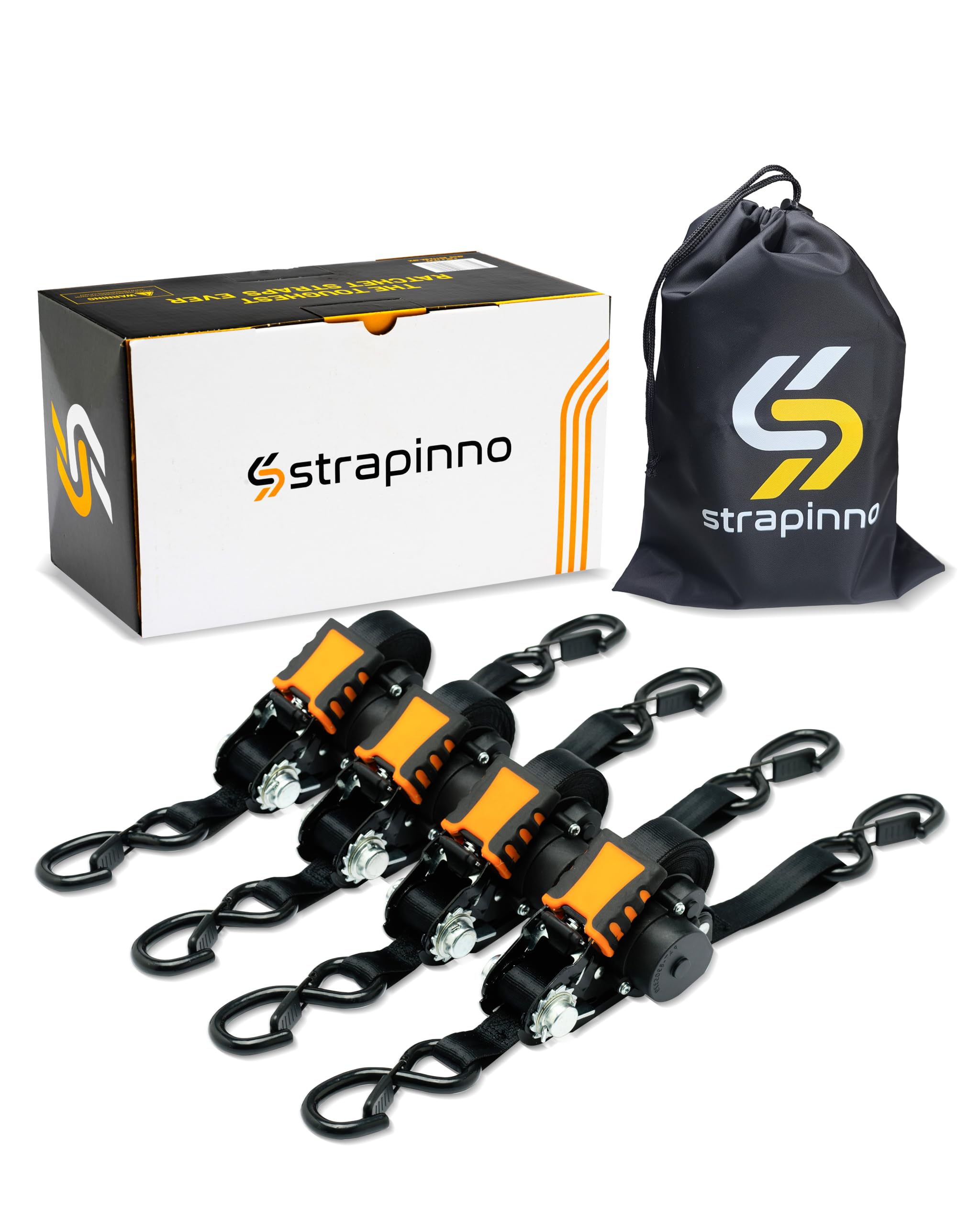 Strapinno Retractable Ratchet Straps - 1 in x 12 ft Heavy Duty Tie Downs, 1800lbs Breaking Strength Each, S Hooks with Safety Clip, AutoRetract, for Moving, Motorcycle, Boat, Kayak, and Cargo (4 PCS)