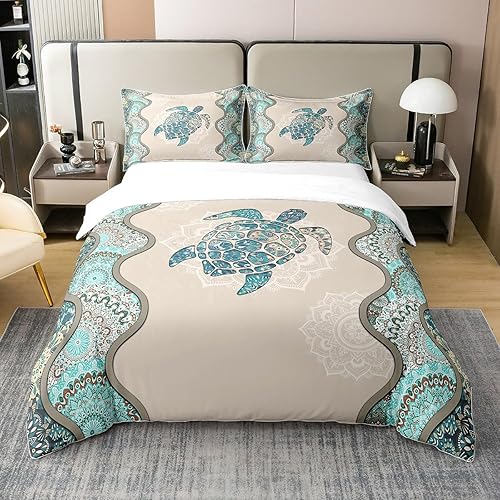 Juego de funda de edredón de tortuga marina 100 % algodón, tamaño King, 3 piezas, acuarela azul, lindo juego de ropa de cama de vida marina salvaje