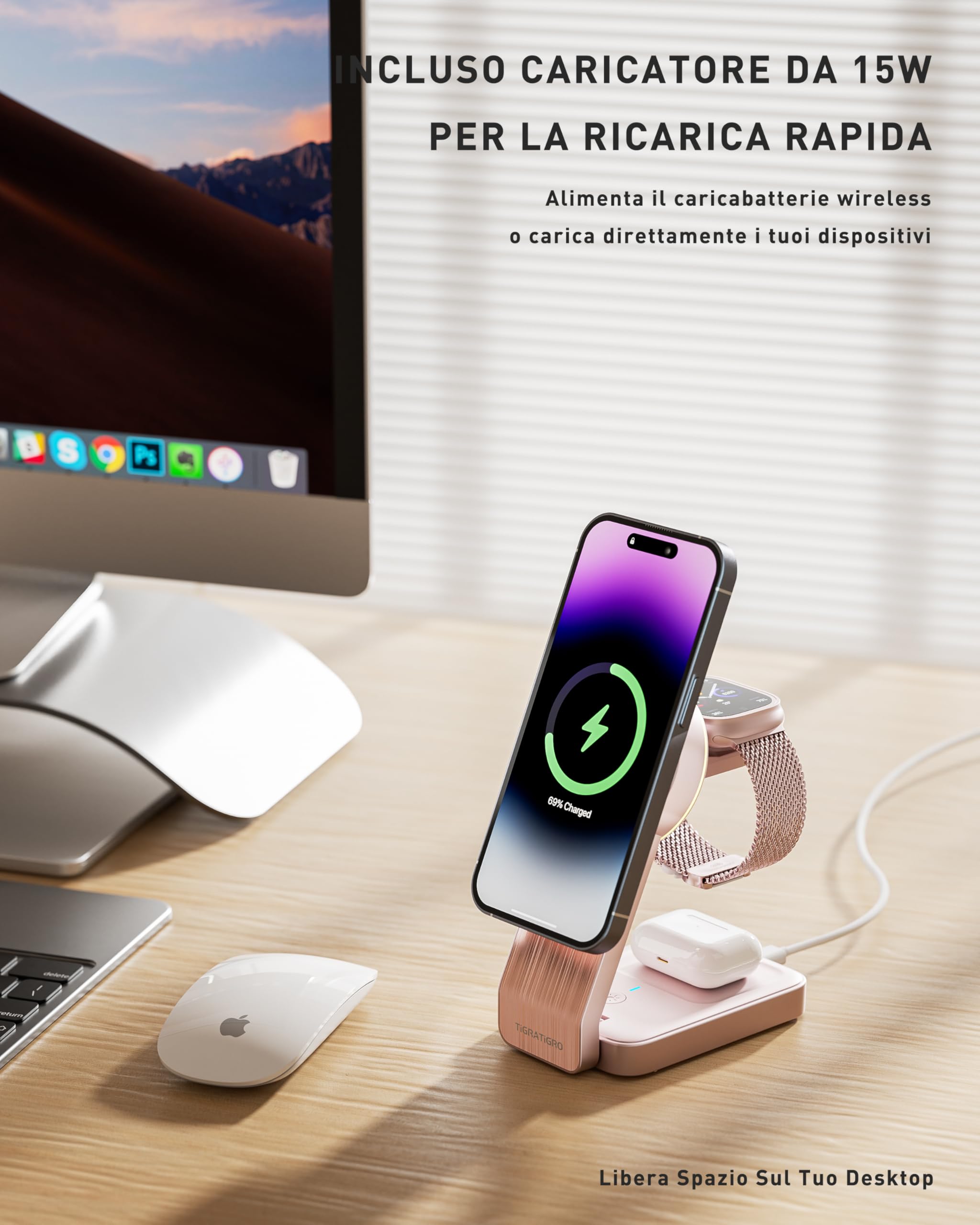 Tigratigro Caricatore Wireless per iPhone con Mag-Safe, 3 in 1 Ricarica Rapida Stazione Magnetica Pieghevole portatile Charger per iPhone 12/13/14/15/16, AirPods 2/3/4/Pro, Watch - Rosa
