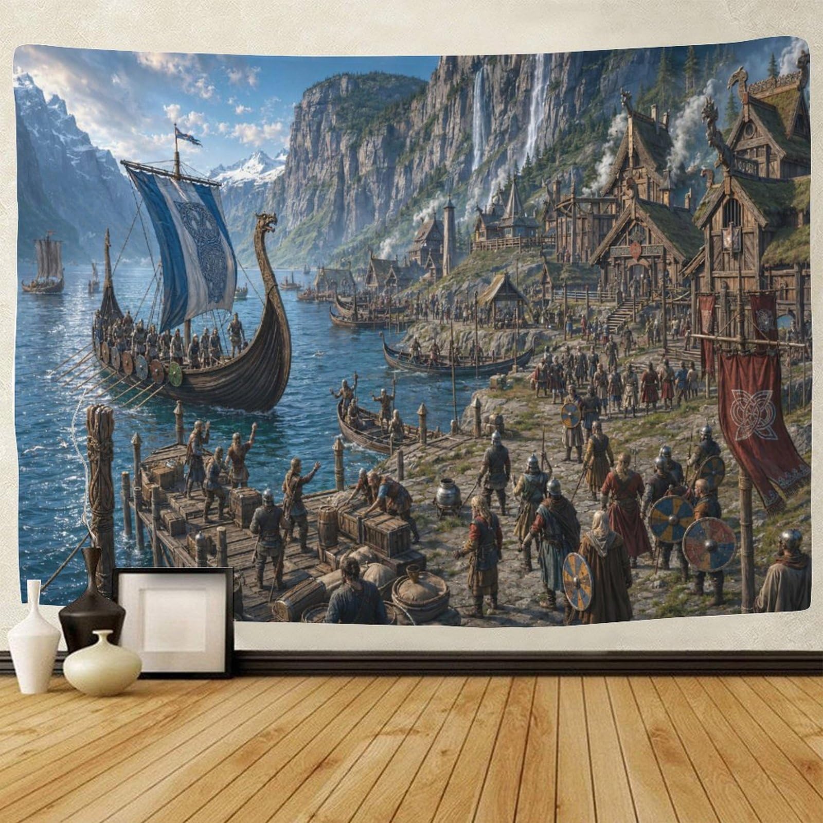 GPMNBCXZK Viking Longship Nordic Fjord Village Wall Hanging Decor Tapestry for Bedroom 3D Print Tapestries Poster Curtain Living Room Dorm 100cmx150cm