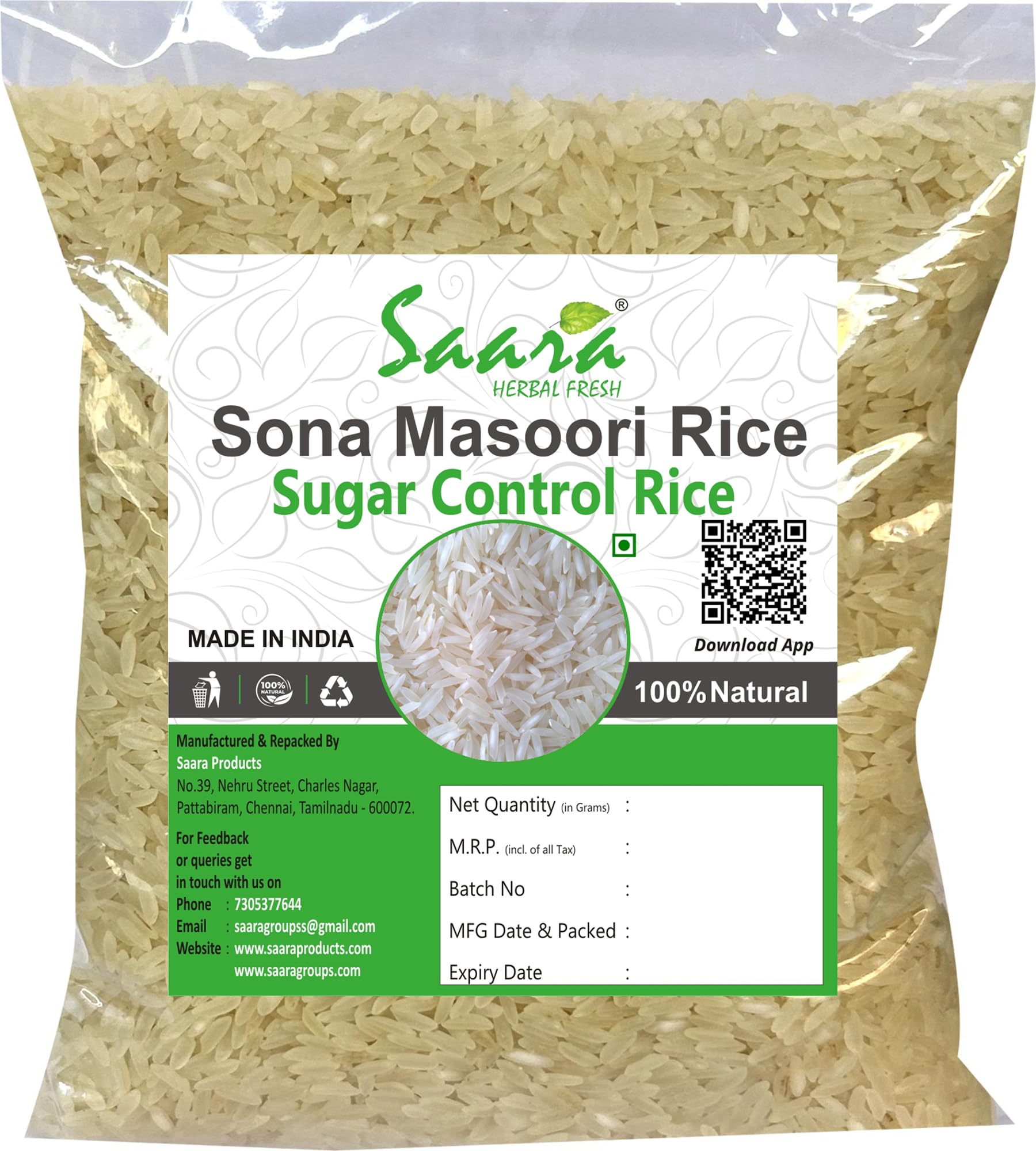 SAARA Organic Sona Masoori Rice (Boiled), 2.950 Kg Sonamasuri Rice for Lower Fat. Fewer calories. Aids in weight loss