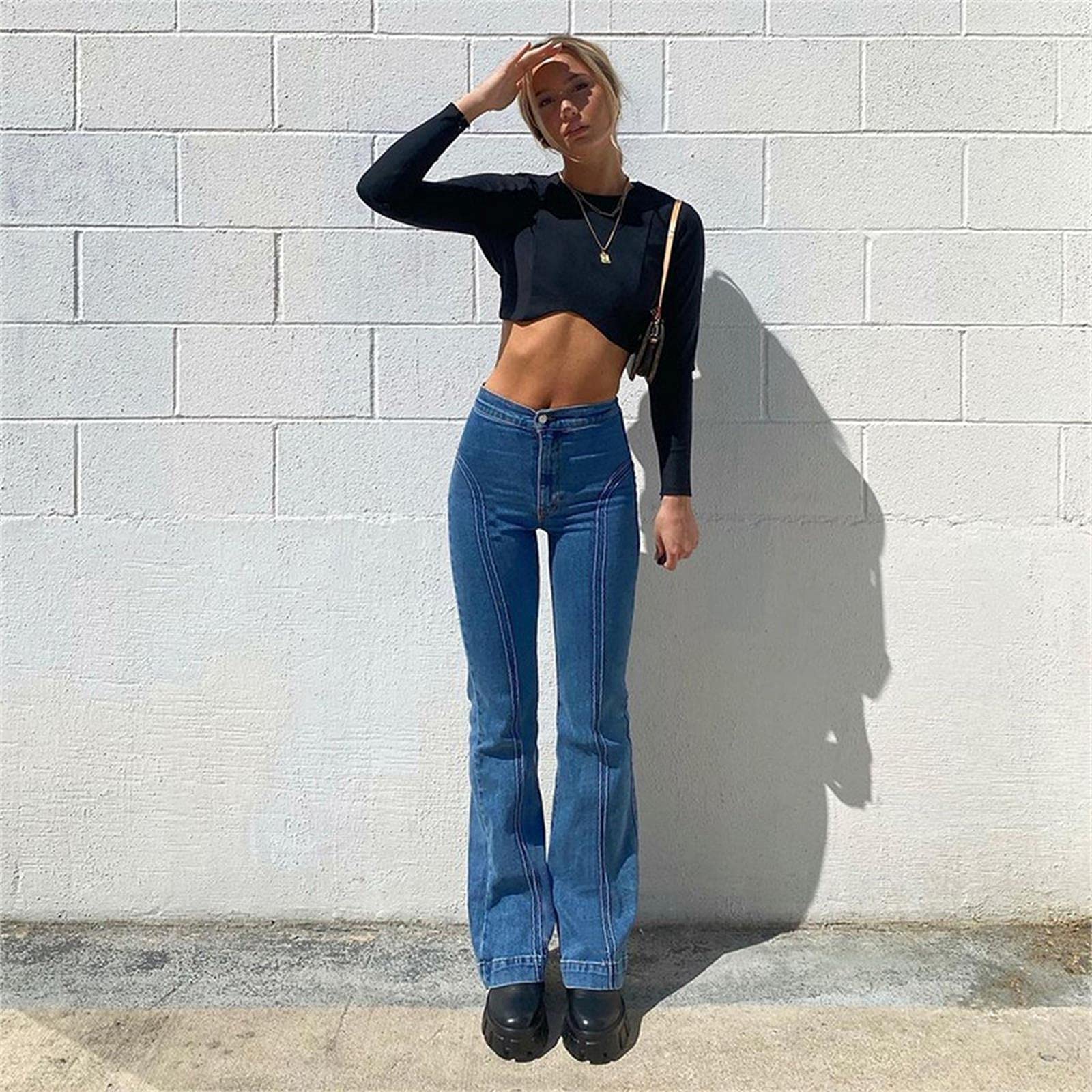 UKKO Jeans da Donna Fashion Blare Pants Skinny Retro Slim Bell Bell Bottoms Blue Jeans