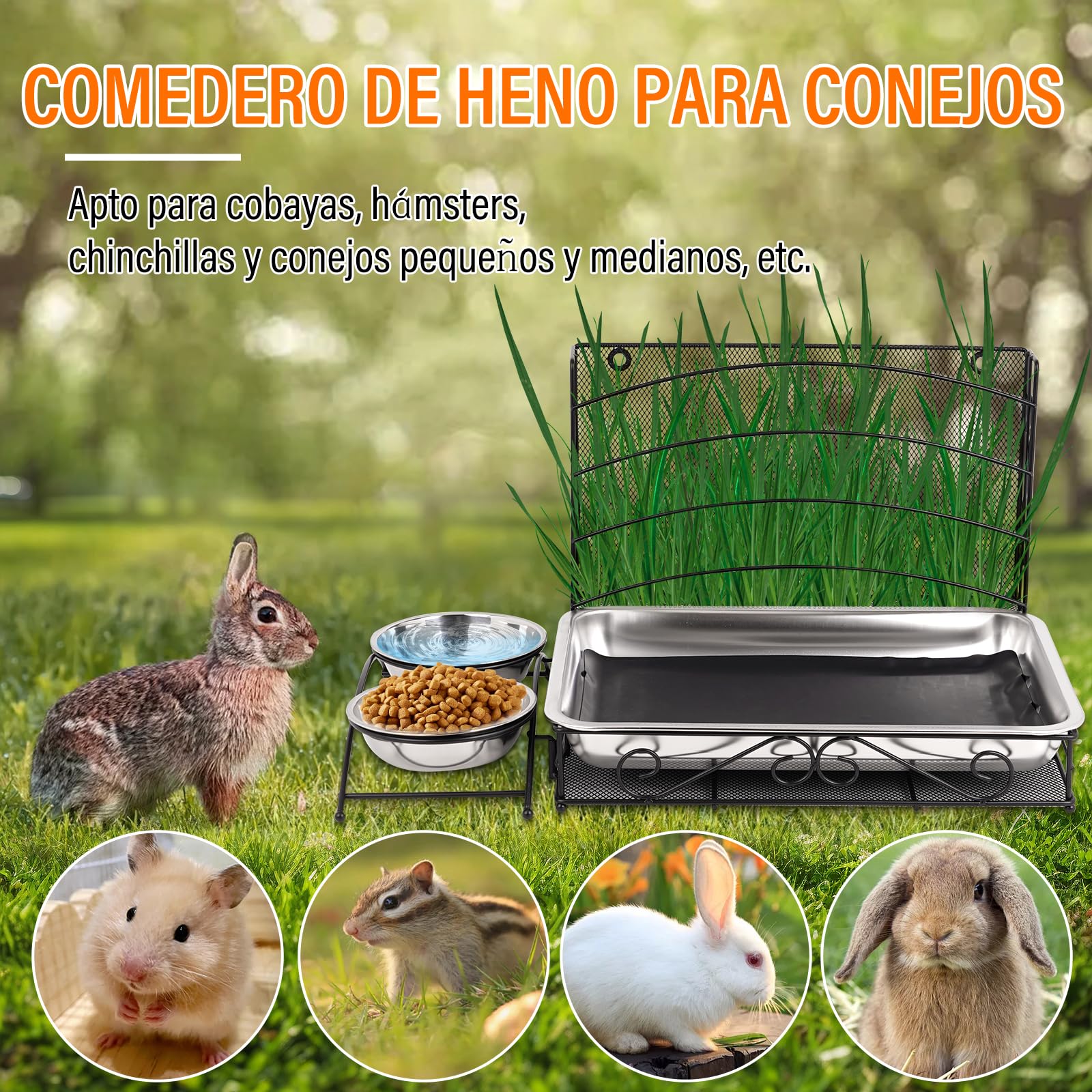 Comedero Para Conejos, Henero MetáLico Para Conejos con Alfombrilla Impermeable y Bebedero Dispensador Para Hamsters, PequeñOs Animales DoméSticos Comedero AutomáTico