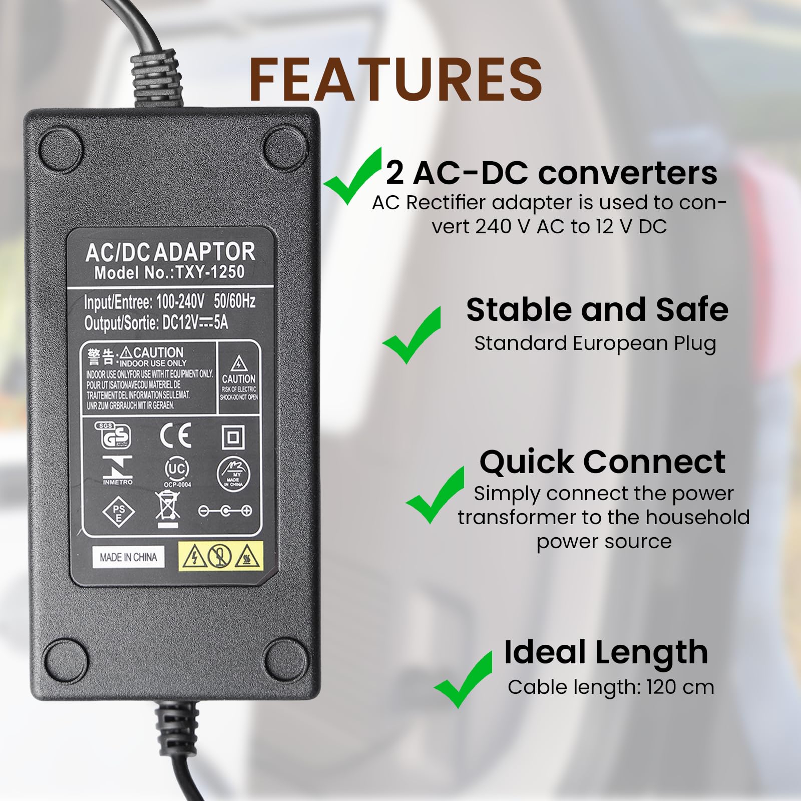 2 adattatori AC a DC Converter 220 V a 12 V, 5 A, adattatore di alimentazione per accendisigari per auto, frigorifero aspirapolvere