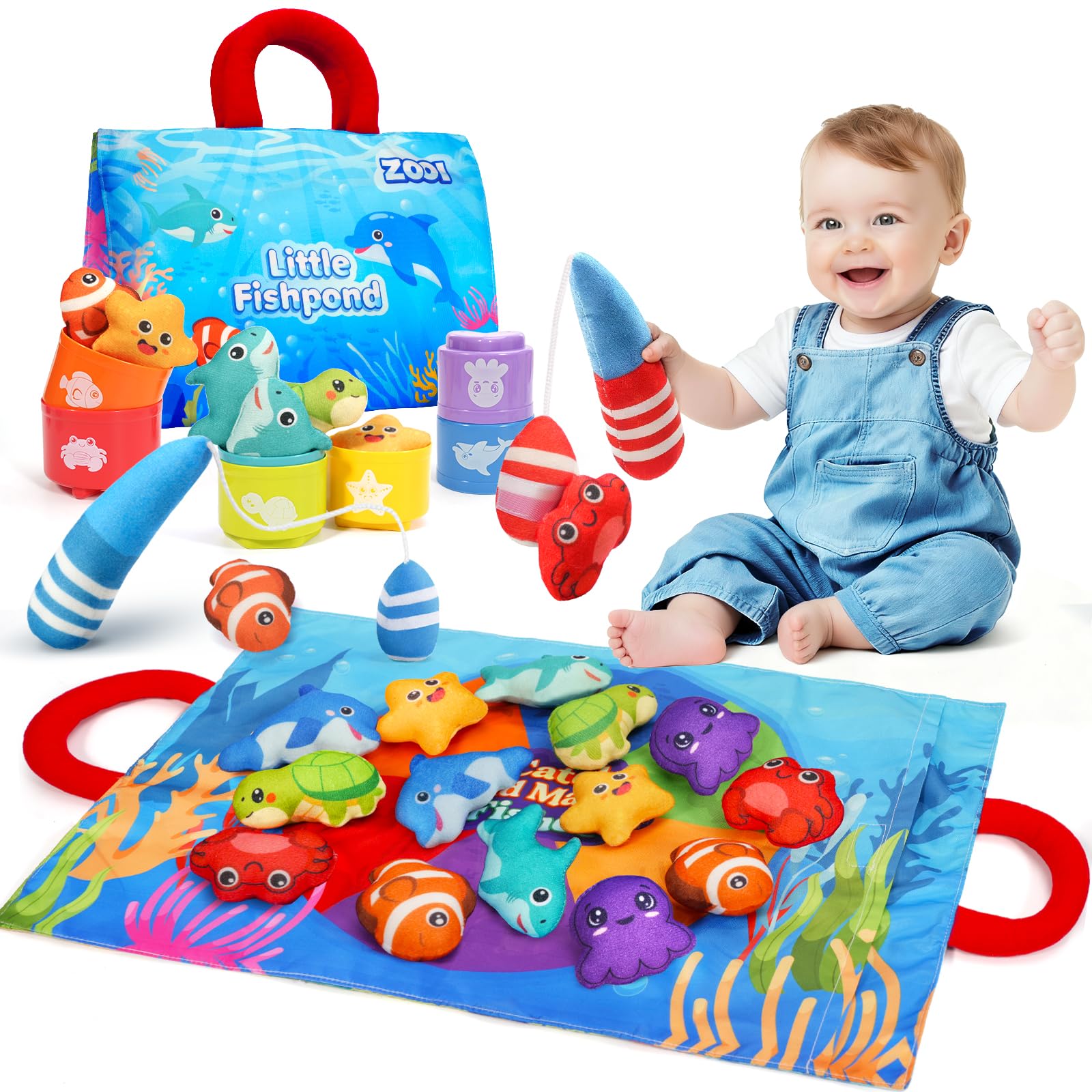 ZOOI Montessori Toys for 1 Year Old, Baby Easter Gifts for Kids, 5 in 1 Fabric Fishing Game for Baby Toy for 1 2 3 Years Old, Easter Gifts for Toddlers Toys, Baby Toy 6 to 12 Months