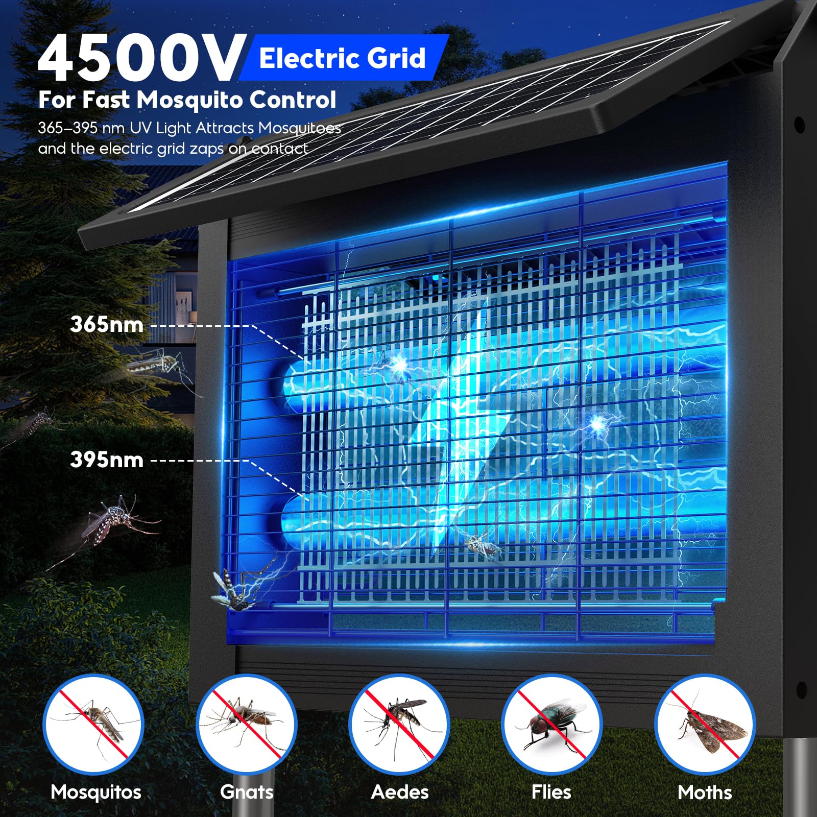 Solar Bug Zapper Outdoor 4500V Moskito Zapper mit Dual Solar Panels | Auto On/Off, IPX5 Wasserdichter Mückenvernichter für Hinterhof, Terrasse, Garten, Camping und bis zu 1/2 Acre Abdeckung