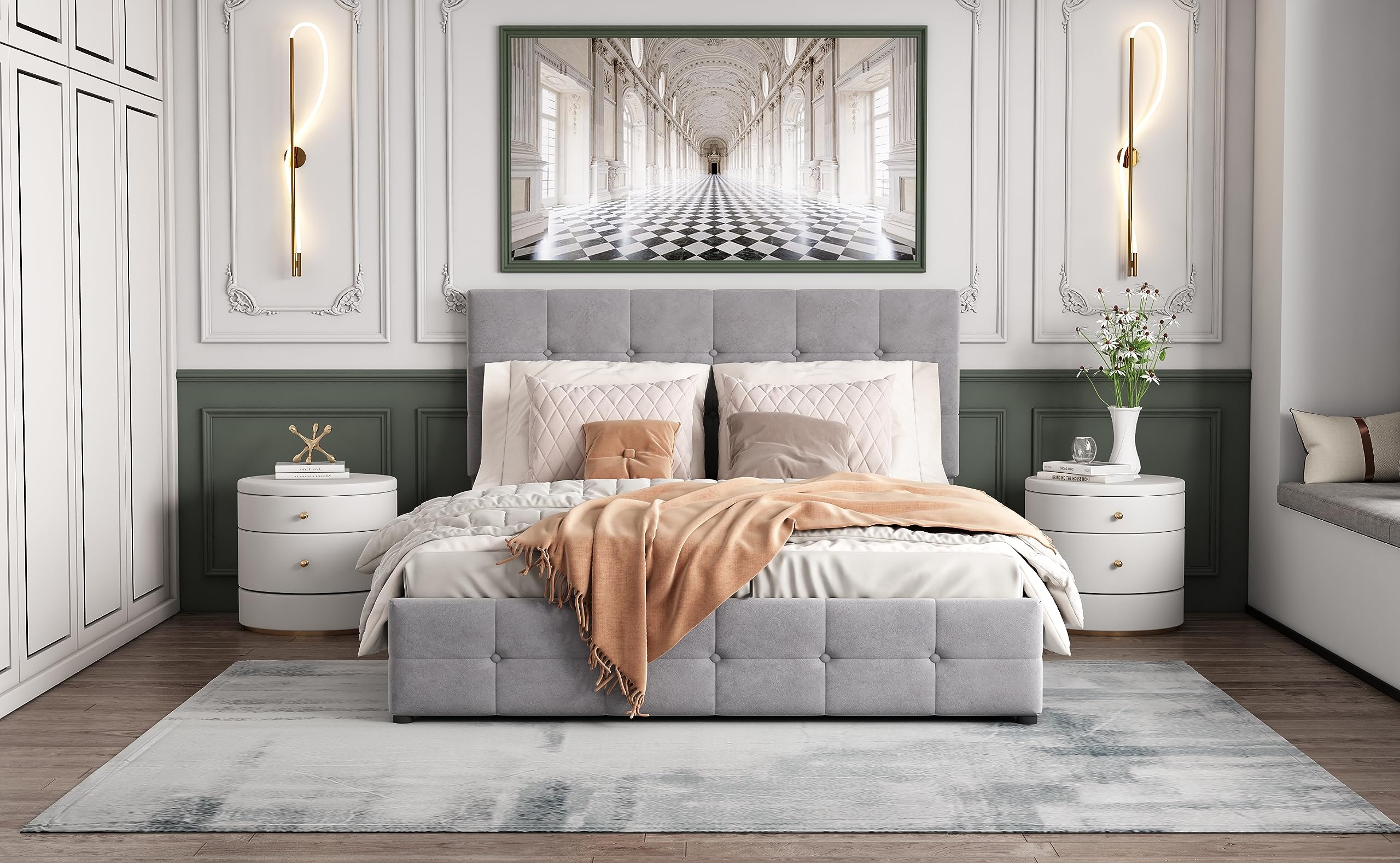 Cama hidráulica de material elevador con espacio de almacenamiento, somier de láminas de metal, funda de terciopelo, ahorra espacio para apartamentos pequeños