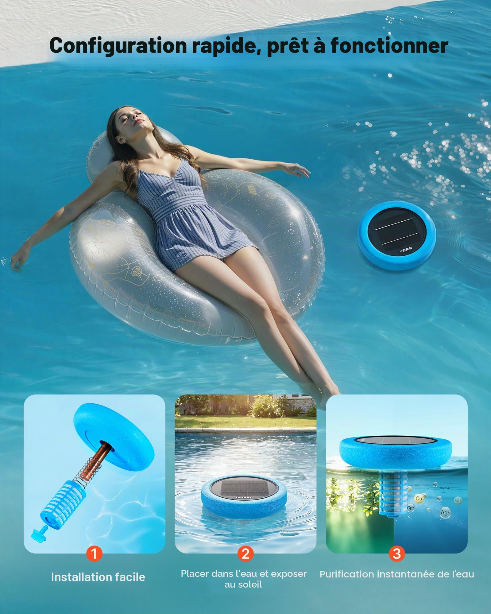 VEVOR Ioniseur Solaire de Piscine, Purificateur à Ions de Cuivre Rond, jusqu'à 170343 L, pour Spas et Bains à Remous, Nettoyeur Flottant Automatique, avec Anode en Cuivre et Brosse, Eau sans Chlore