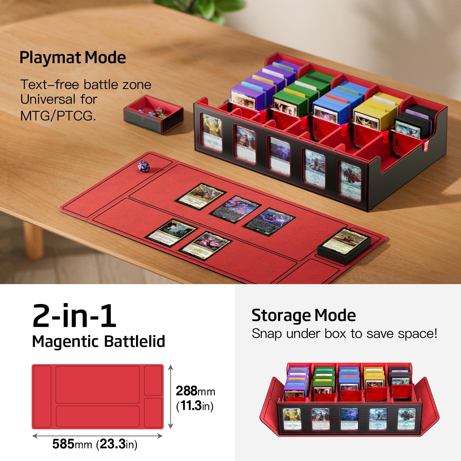 Trading Card Storage Box mit Commander Display, 3900+ Karten Commander Deck Case hält mit abnehmbarem Deckel, 5-Reihe MTG Organizer für TCG PTCG Sports Card,5 Toploader,50 Teiler (Rot)