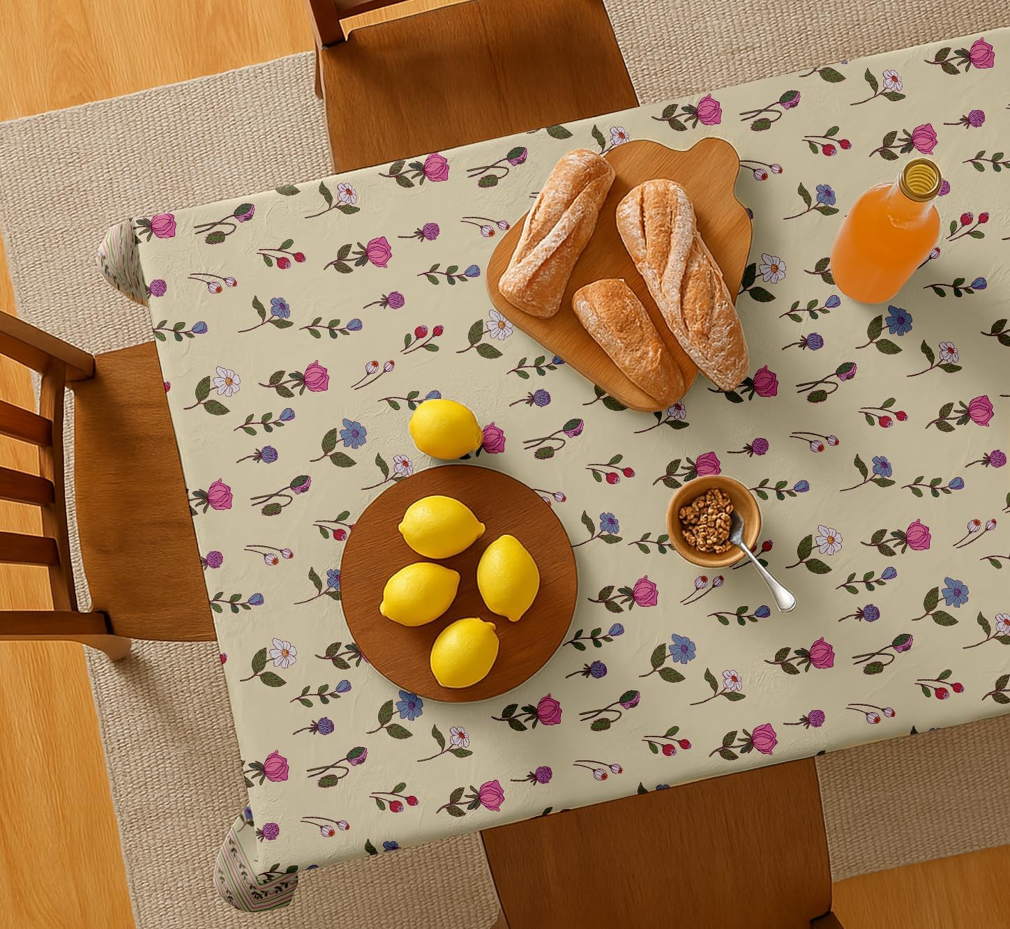 Floral Theme Cotton Tablecloth - Beige 54X54 Inch Dining Table Cover, Fits 4 to 6 Seater Tables, Strong Beige Stylish, Machine Washable, Perfect for Family Meals, Parties