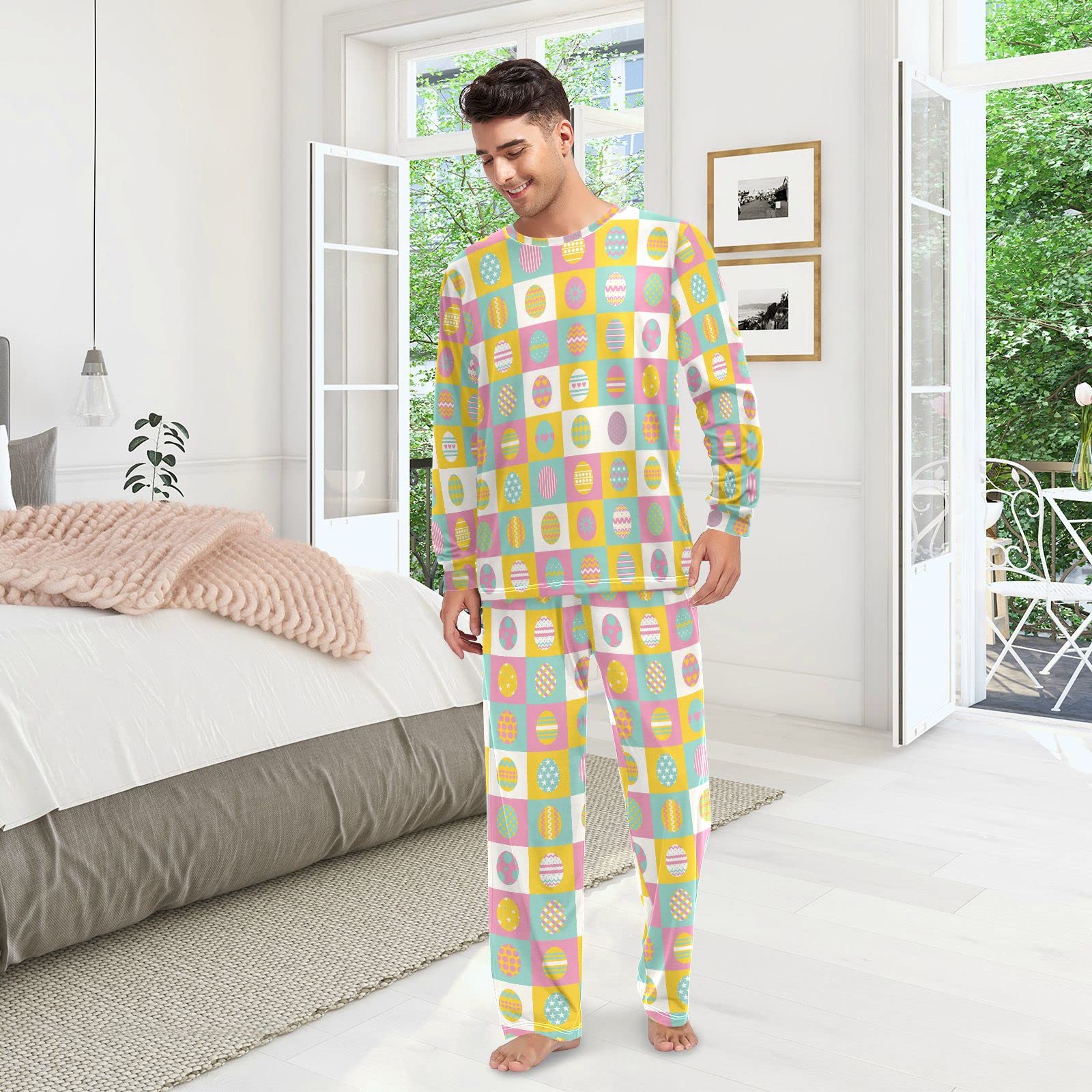 JUNZAN Pisanki jajka różowa piżama dla kobiet długi rękaw top i dół bielizna nocna zestaw para bielizna nocna, Easter Eggs on Plaid, XXL