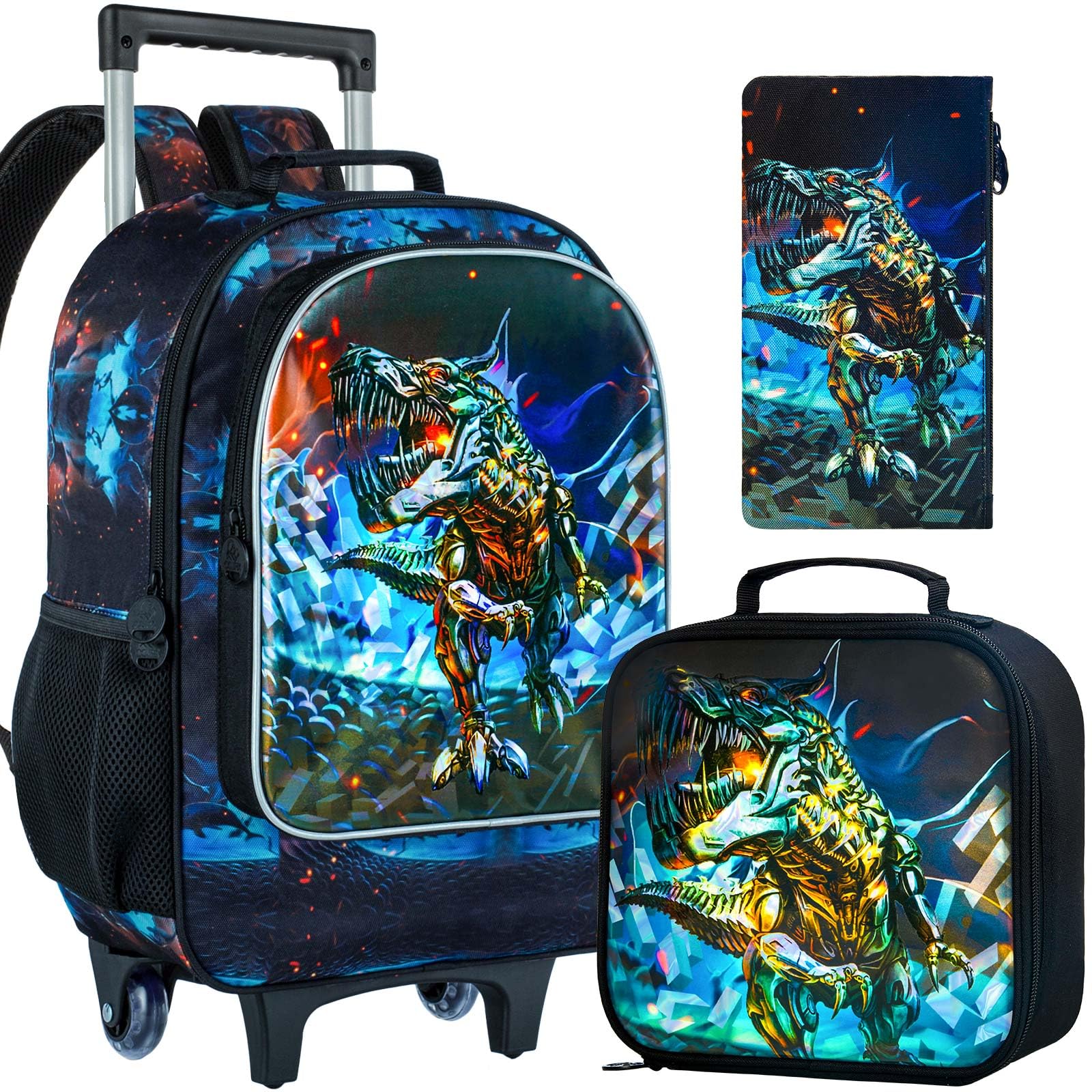 4PCS Rolling Backpack for Boys,Kids Dinosaur Backpacks with Roller Wheels, Wheeled Bookbag with Lunch Box for Toddler Elementary School
