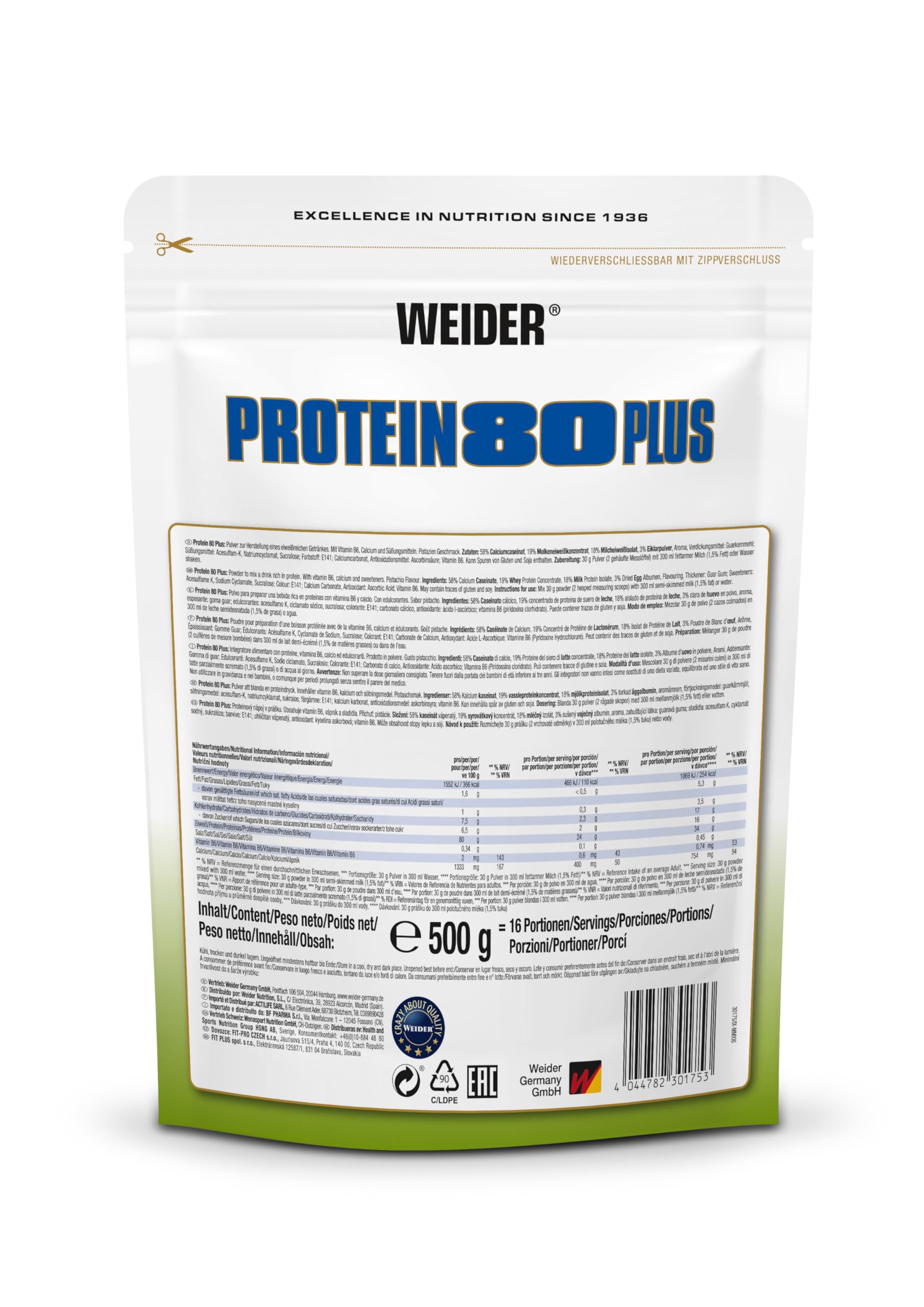 Weider - Protein 80 Plus - Poudre de Protéine à 4 Composants - Teneur Élevée en Protéines avec 80% de Protéines - Shakes Crémeux avec Calcium & Vitamine B6-500g - Pistache