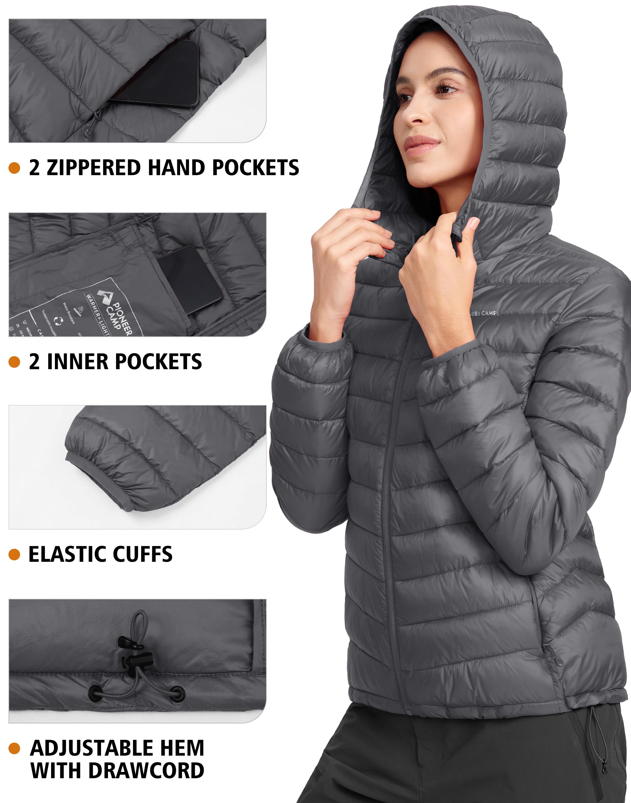 Pioneer Camp Piumino invernale da donna, ripiegabile, leggero, idrorepellente, trapuntato, con cappuccio