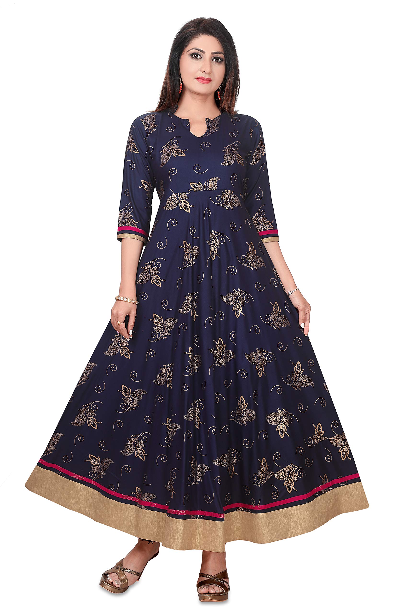 SMART CHOICEWomen's Rayon Gold Printed Flared Gown Kurti (RN-08, Navy and Golden, S)