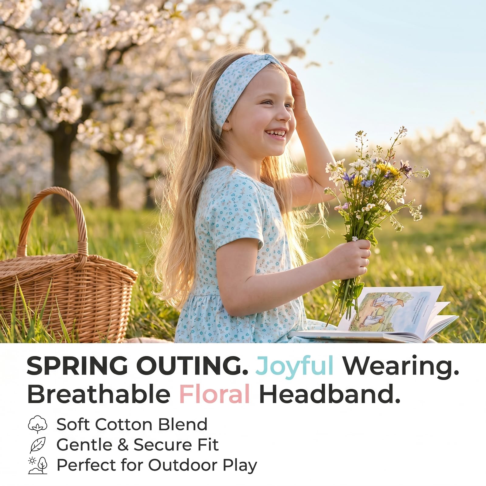 Girls' Headband（Floral Print）, Wide Leisure Headband - Breathable, Non-Slip & Comfortable to Wear - Ideal for School, Nursery, Playground & Everyday Use - 23.5 x 6 cm