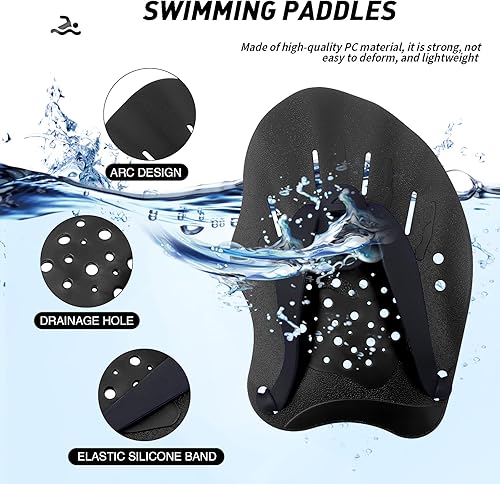 Miniatura 9 de Raquetas de natación con correas ajustables – Paletas de mano para natación de regazo, equipo para mujeres, hombres y niños (1 par)