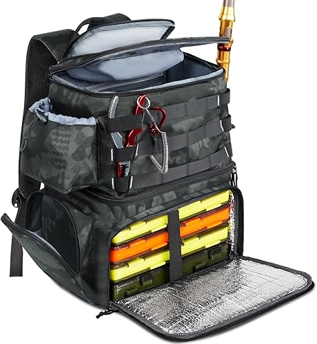 MATEIN Mochila para Pesca, Bolsa de Equipo de Pesca Resistente al Agua con Soportes para Caña de Pescar y Enfriador, Regalos de Equipo para Hombres
