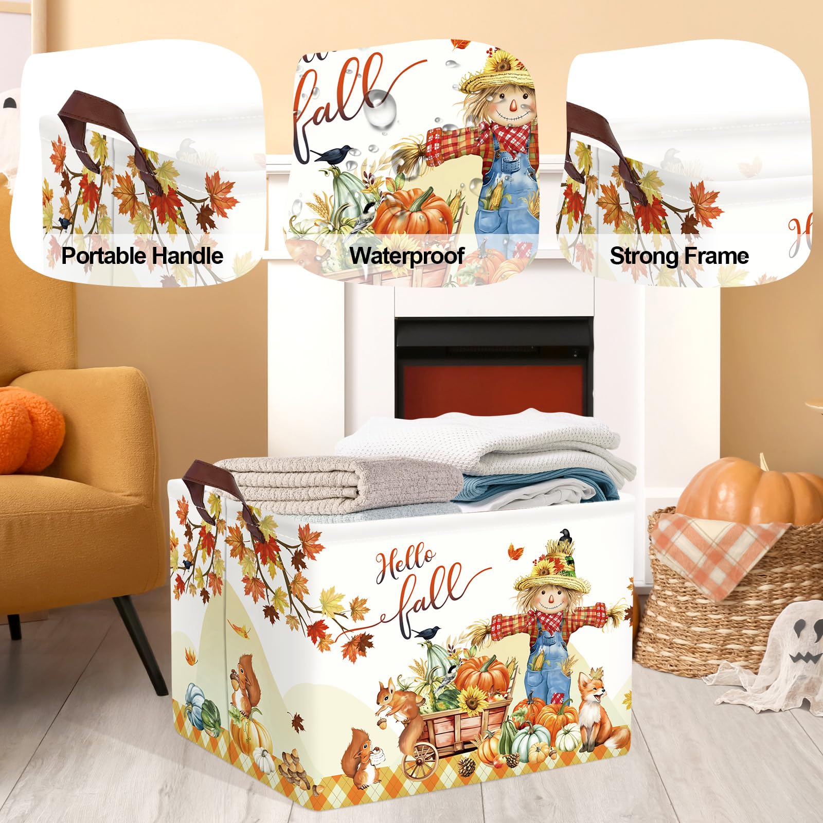 HUUMONSS Happy Thanksgiving Baby Storage Basket Pumpkin Maple Leaf Collapsible Clothes Kids Laundry Hamper Large Boys Girls Gift Toy Box Bin for Nursery Room,Scarecrow,40 * 30 * 30 cm - Image 4